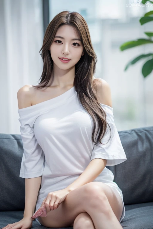 realistic photos of 1 cute Korean star, straight hair, white skin, thin makeup, 32 inch breasts size, wearing long sleeves shirt, sitting in office, upper body portrait, UHD
