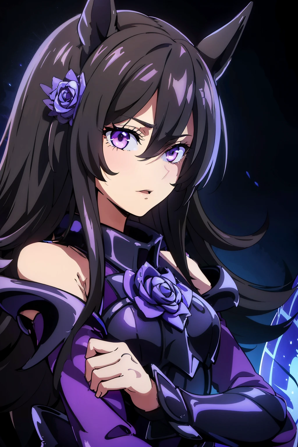 (high-quality, breathtaking),(expressive eyes, perfect face) portrait, Symmetrical Eyes, 1girl, female, solo, adult, black hair, purple coloured eyes, blue rose, long hair length, side bangs, fluffy hair, looking at viewer, portrait, black background, narrow eyes, soft eerie blue lighting background, rock terrain background, Hades Armor, Hypnos Saint Seiya Armor, Thanatos Saint Seiya Armor, Dark Purple Armor, trim, full plate, feminine face, half body shot, hair ornament, shy
