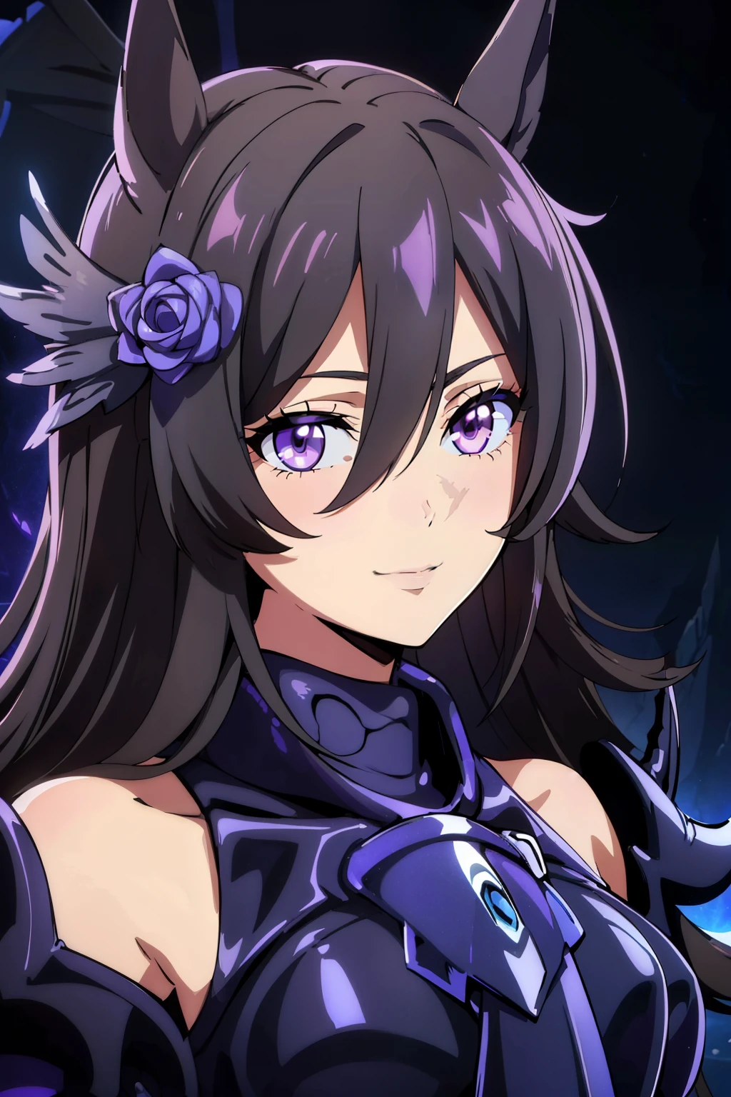 (high-quality, breathtaking),(expressive eyes, perfect face) portrait, Symmetrical Eyes, 1girl, female, solo, adult, black hair, purple coloured eyes, blue rose, long hair length, side bangs, fluffy hair, looking at viewer, portrait, black background, narrow eyes, soft eerie blue lighting background, rock terrain background, Hades Armor, Hypnos Saint Seiya Armor, Thanatos Saint Seiya Armor, Dark Purple Armor, trim, full plate, feminine face, half body shot, hair ornament, cute smile
