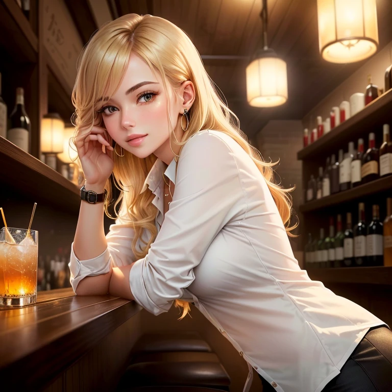 photo of S122_MariaKazi, an attractive woman, in a (bar:1.2), wearing a (long-sleeved-dress:1.2), smiling, (8k, RAW photo, best quality, depth of field, ultra high res:1.2), (absurdres, intricate, photorealistic, masterpiece, ultra-detailed:1.3)