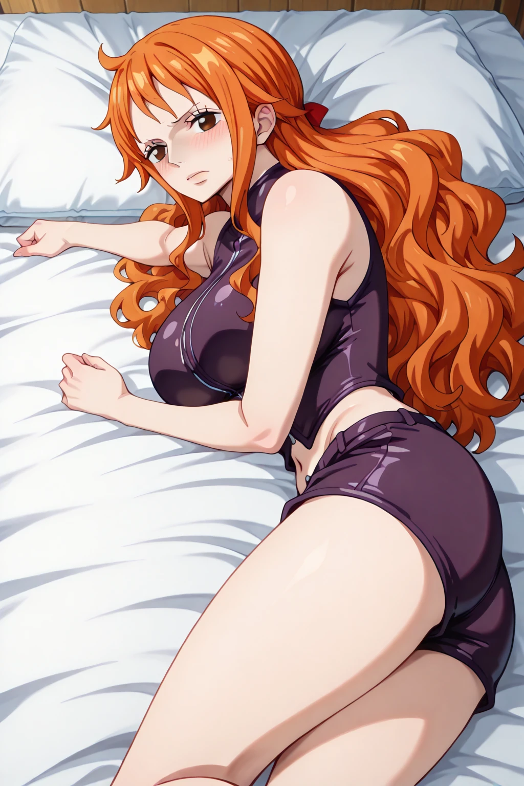Generar una imagen realista de estilo anime de Nami de One Piece. Captura su apariencia distintiva con cabello naranja, and a cheerful expression. Make sure the image reflects your adventurous and confident personality as shown in the anime..., cuerpo completo, plano amplio , NSFW, Curvy athletic body, ojos naranjas, ojos naranjas, Noche, bikini negro, Casa, cama, ojos naranjas
