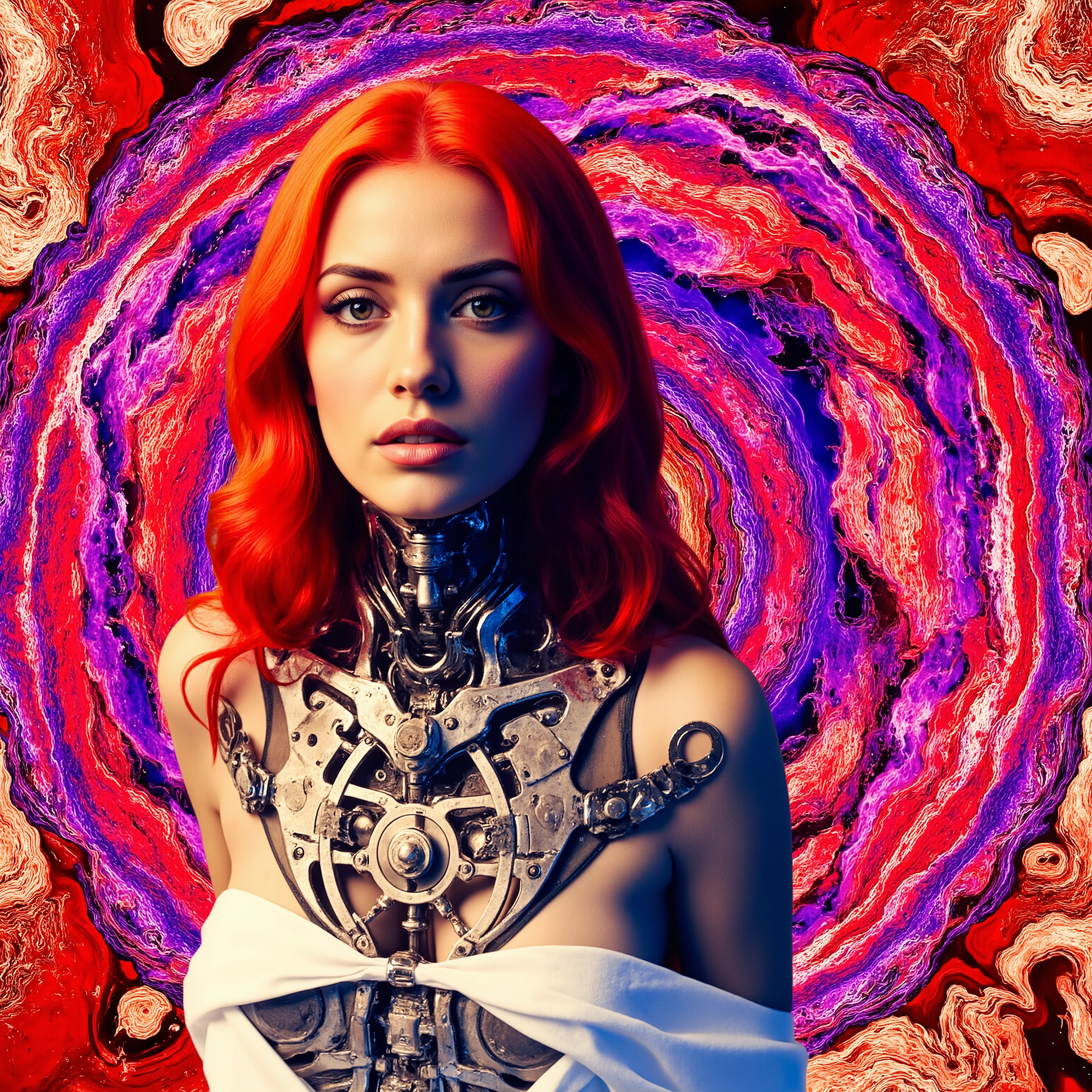 A striking image featuring a female figure with vibrant red hair cascading over her shoulders, set against a vivid and abstract psychedelic background. Her torso opens to reveal intricate mechanical components, reminiscent of a futuristic or steampunk aesthetic, with visible gears and metallic structures where the chest would be. The background is an explosion of swirling colors, primarily purples, pinks, and reds, creating a sense of dynamic movement and energy. Her shoulders are slightly exposed, highlighting the contrast between human-like skin and the metallic parts underneath. The overall scene evokes a sense of cybernetic elegance and otherworldly allure, blending human and machine elements in a visually captivating manner. This imaginative composition suggests themes of transformation, technology, and the merging of organic and synthetic.