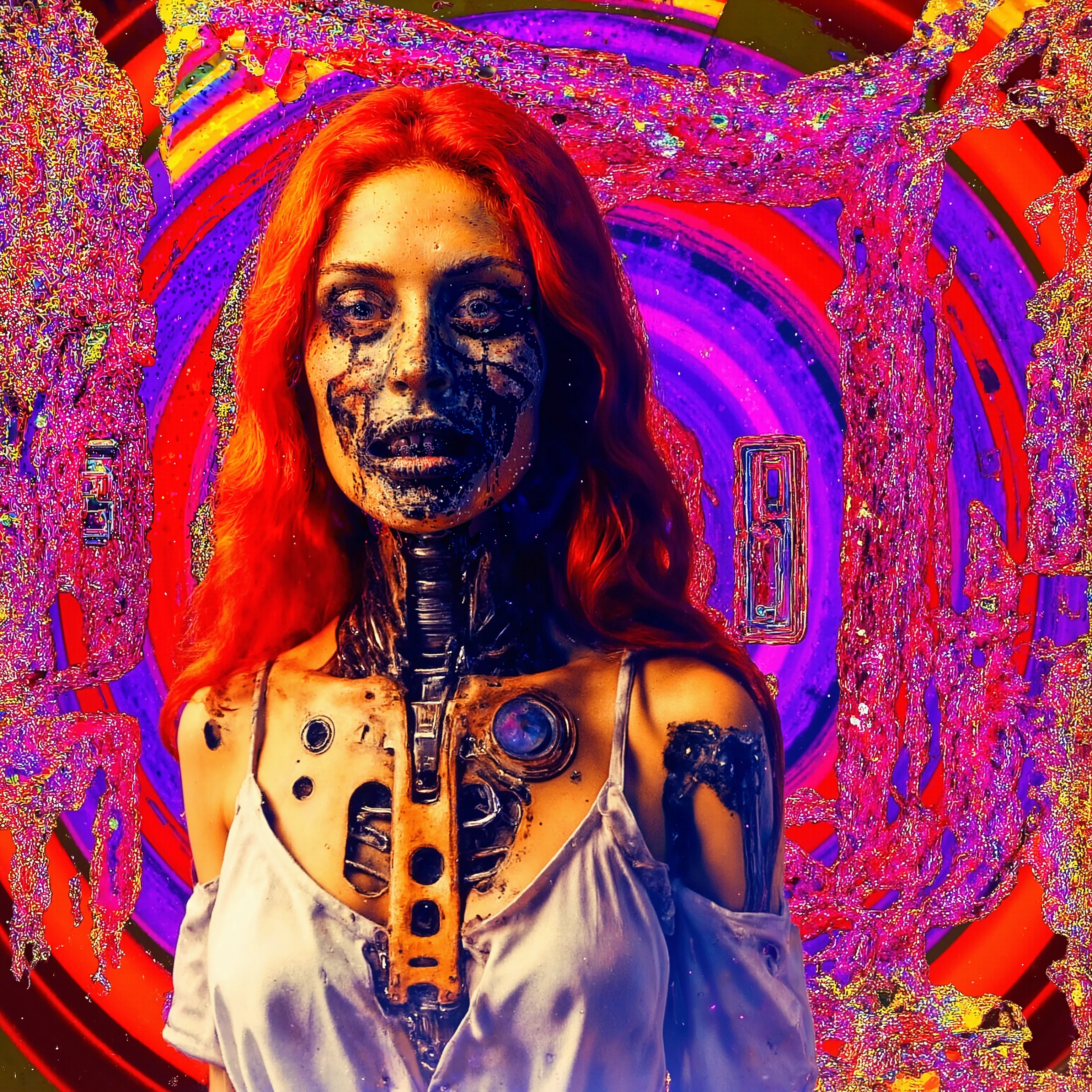 A futuristic scene featuring a humanoid figure with striking long, vibrant red hair cascading over their shoulders. The body's design exhibits a blend of human and machine elements, with visible mechanical parts and circuits replacing the chest and shoulders, shining with metallic intricacies. The figure wears a white, flowing garment that contrasts with the metallic aspects, giving a unique fusion of softness and industrial design. The background displays an abstract, kaleidoscopic pattern of vivid colors like purple, pink, and red, creating a dynamic and psychedelic atmosphere. This juxtaposition of organic and synthetic elements, combined with the vibrant backdrop, evokes a sense of a futuristic, cybernetic world, emphasizing the coexistence of technology and humanity.