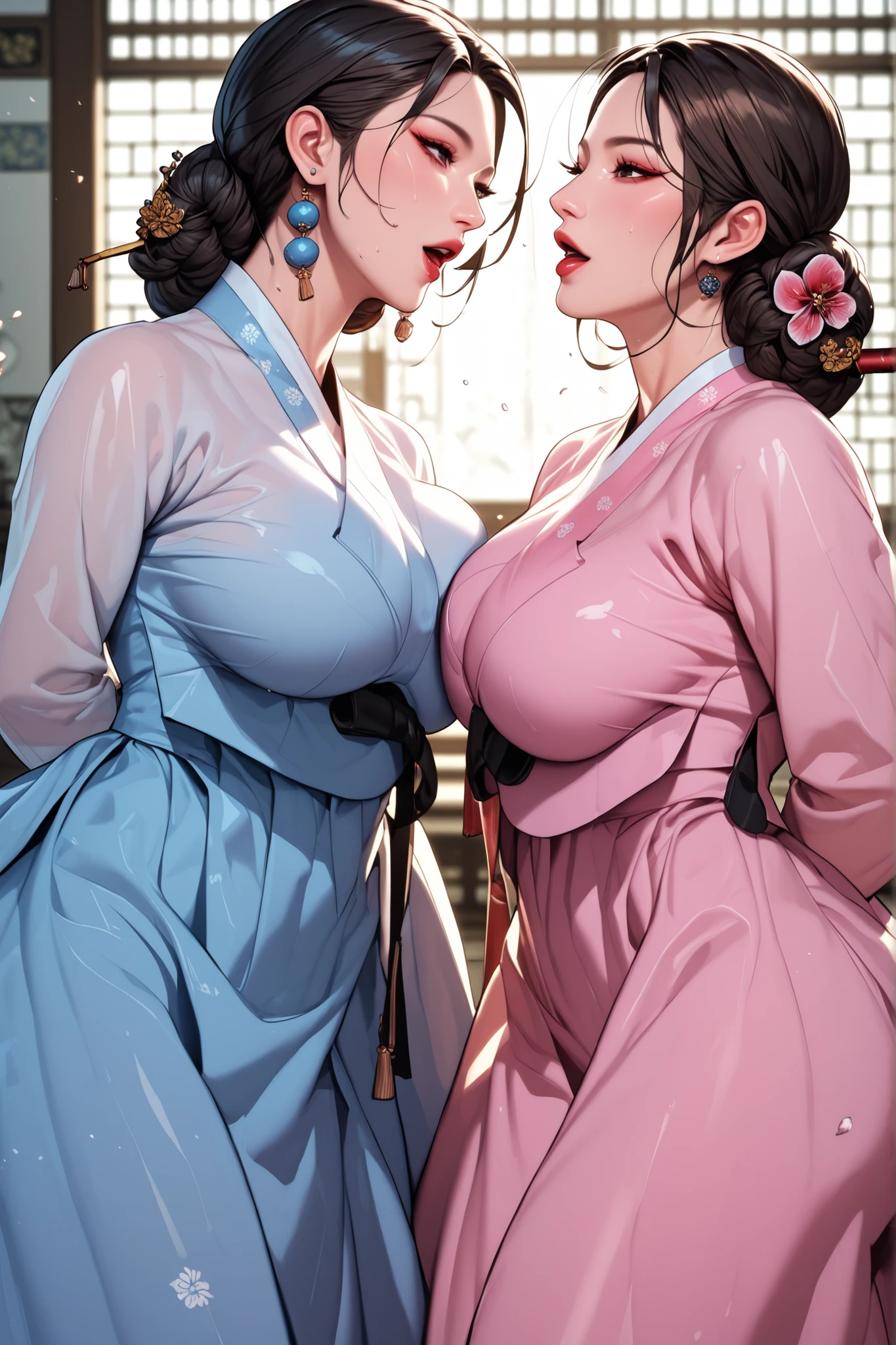 bedroom，big bed，There are paintings on the walls，curtain，((full body)),((2 girls abed)),((side by side)),(1 girl Lie back),((the other girl Lie prostrate)),bun,Shy smile,The hemp rope is wrapped around the neck and tightened,Short cheongsam，((huge boobs:1.2)),arms were tied behind the back with hemp rope，Cross hands behind back，Wrists tied together with hemp rope，Thin waist，