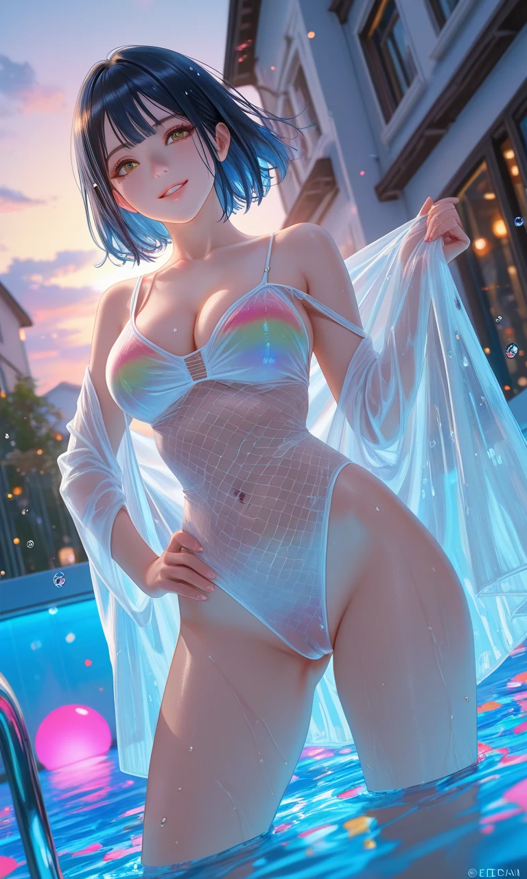(photorealistic:1.3, highest quality:1.3,8Kmasterpiece, masterpiece:1.3,High resolution,muste piece:1.2),23 year old woman,(white leotard:1.3,choker), Clean wet skin, (looking at the camera:1.2),(View from above:1.2), (short hair:1.2,wet bright blue hair:1.5),(smile:1.2),(lie down),(full of sweat:1.3),open-air bath,steam,vapor,background(snow scene,snow mountain:1.3, sunrise:1.3),(Bold pose with legs spread,dynamic pose:1.2),(Wet clothes stuck to my skin:1.4),(Nipples visible through clothing),(genitals visible through clothing),(Butt visible through clothes),(slender, abs:1.2),(young skinny gravure idol, sophisticated gravure idol),(detailed perfect face),normal hands:1.5,normal finger:1:5,normal foot:1.5
