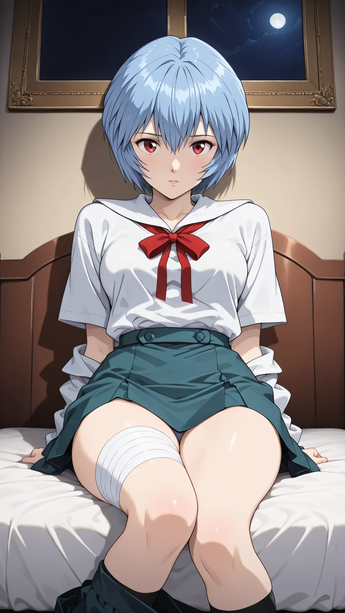 cinematic, (masterpiece), (Highest Quality), (Super Detailed), very aesthetic, illustration, realistic illustration, Perfect configuration, complicated details, ultra high definition, detailed face, (anime, masterpiece, complicated:1.3), (Highest Quality, high resolution texture, very detailed:1.2), (4K),(Unbelievably Detailed:1.4),DETAIL EYES,   Real Shadow,  1girl,Ayanami Rei from below, (school uniform,bandage,)
bright room、sit on a chair、cross your legsいる、,moonlight,1980’s anime style, ,effect ,(show The Dark Knight:1.3)、sit on a chair、cross your legs、open crotch、cowgirl position, open legs, on bed、undressing、A woman is grabbed by the chest from behind by a man、lift up skirt、(undressing:1.5)、zettai ryouiki