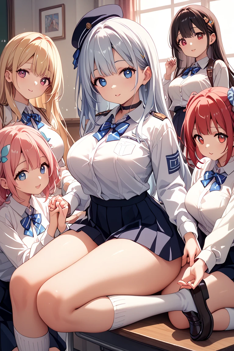 ((masterpiece, highest quality, High resolution, 超High resolution, Pixel Perfect, Written boundary depth, 4K, RTX, human development report))), , beauty、View the whole body、(masterpiece: 1.2, highest quality, masterpiece, Clearer images), (Bright colors), ((Take clear photos even from a distance)), (Multiple Girls), (harem), (School classmates), (((All school uniforms have the same design))), (((Everyone is wearing the same skirt design))), (((Everyone is wearing a swimsuit of a different color and design.))),((16 years old)), ((prostitution woman)), (In the classroom),((sitting on the desk))、((bright atmosphere))、(Have fun),((youth))、(cute Japanese((6 girls))), (((Infant face))), ((Group shot)), (Group Selfie), Wide-angle, Soft Light,(((blazer uniform, Checkered pleated skirt)))、(Slightly larger breasts), ((prostitution)), ((viewers love it)), Landscape、(((show panty:1.6)))、((breast grab)),(((bra lift:1.2)))、 (( Beautiful eyelashes, Realistic eyes)), ((Detailed face, blush:1.2)), ((Smooth texture:0.75, Vibrant Texture:0.65, Vibrant:1.1, Anime CG Style)), Medium breast, Perfect body, Beautiful curves、beautiful legs、thin、smile, attractive way to sit,((Squatting pose)), Aerith Gainsbourg, Hair Ribbon, bracelet, , Side Lock, Parted bangs, Braid, ((Award-winning design underwear))、(((Everyone wears different colors and designs of underwear.))),show panty、((((open legs:1.4)))、((breast grab:1.3)),(((bra lift:1.2)))、one eye closed、stick out one crotch、Detailed depiction of the crotch、Knee-length white loose socks、(peace sign),(Selfie)