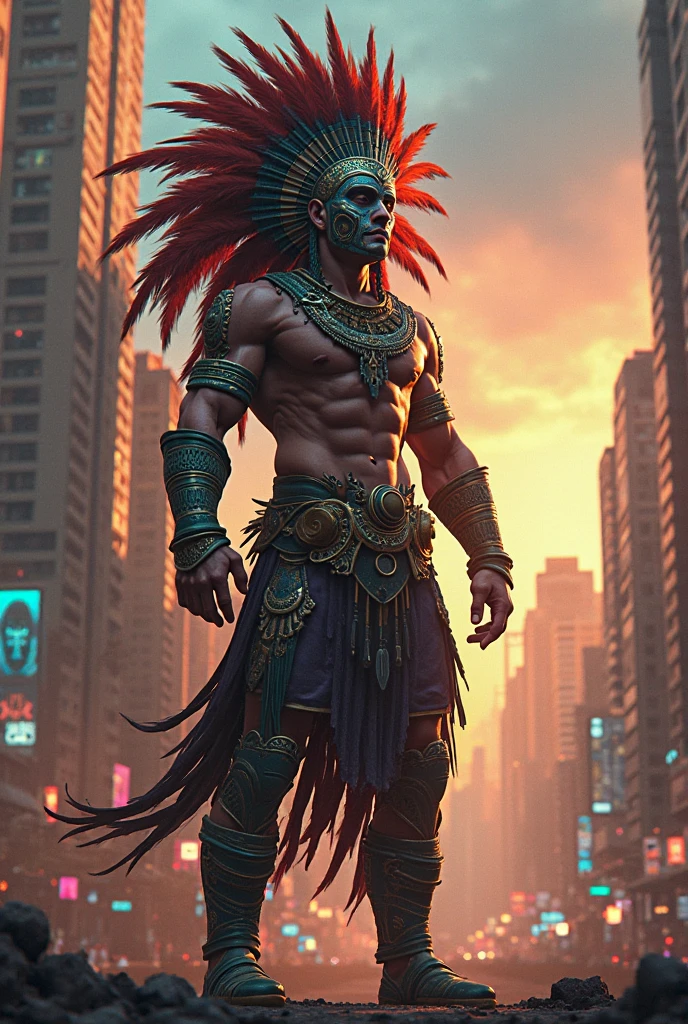 An Aztec warrior with a colorful plume, standing in a modern city at ...