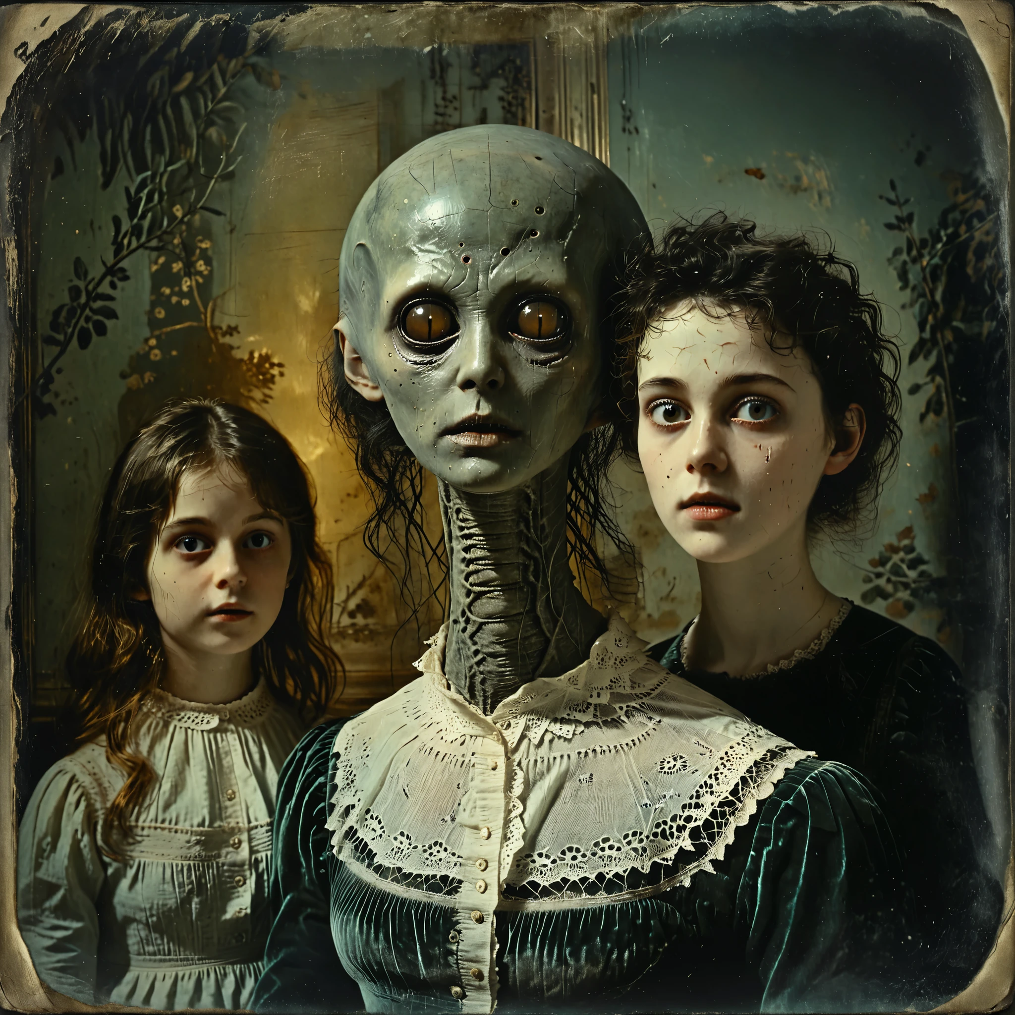 masterpiece, best quality, old photo texture, daguerreotype, tintype, sepia color, brown and yellowed, women sitting with a grey alien with a large head and huge black eyes, antique, vintage, aged paper, scratches, dust particles, faded edges, historical photograph, 19th century style, high detail, ultra complex, 8k, 3 women pose with a Grey alien with a large head. Very large black eyes, a slit for a mouth, very thin short body, 1800's photo, grotesque photo, scary photo, Alien tries to grab one of the women, haunted photograph, highly morbid, Alien makes woman levitate, melancholic, dark fantasy art, highly detailed, photorealistic, intricate, luxurious looking room, beautiful young women, attractive, terrifying photograph, creepy creepstyle, wired weirdcore, spooky, horrific, ghastly, gruesome, explicit, disturbing, disquieting, unnerving, freaky, odd, unusual, avant-garde, iconic character, icon style, iconic, sensual suggestions, hypersensual, spooky, mysterious objects levitating, floating objects, highres, physically-based rendering, professional movie quality images, Cinematography, Conceptual Art and technical development of digital art style, surreal elements, masterpiece