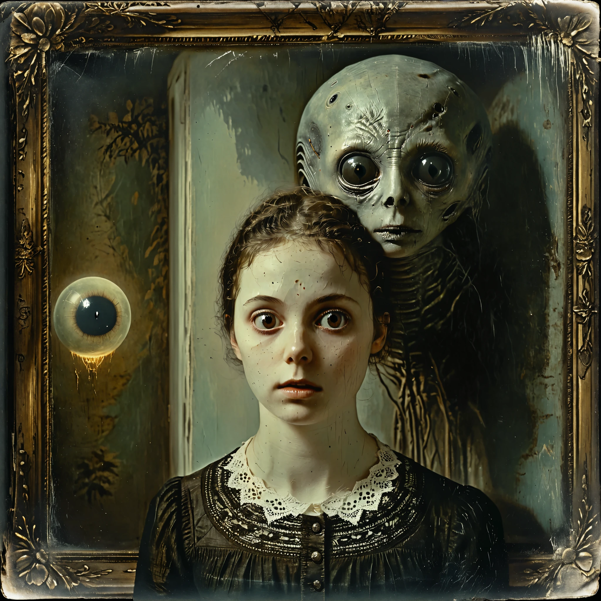 masterpiece, best quality, old photo texture, daguerreotype, tintype, sepia color, brown and yellowed, women sitting with a grey alien with a large head and huge black eyes, antique, vintage, aged paper, scratches, dust particles, faded edges, historical photograph, 19th century style, high detail, ultra complex, 8k, 3 women pose with a Grey alien with a large head. Very large black eyes, a slit for a mouth, very thin short body, 1800's photo, grotesque photo, scary photo, Alien tries to grab one of the women, haunted photograph, highly morbid, Alien makes woman levitate, melancholic, dark fantasy art, highly detailed, photorealistic, intricate, luxurious looking room, beautiful young women, attractive, terrifying photograph, creepy creepstyle, wired weirdcore, spooky, horrific, ghastly, gruesome, explicit, disturbing, disquieting, unnerving, freaky, odd, unusual, avant-garde, iconic character, icon style, iconic, sensual suggestions, hypersensual, spooky, mysterious objects levitating, floating objects, highres, physically-based rendering, professional movie quality images, Cinematography, Conceptual Art and technical development of digital art style, surreal elements, masterpiece