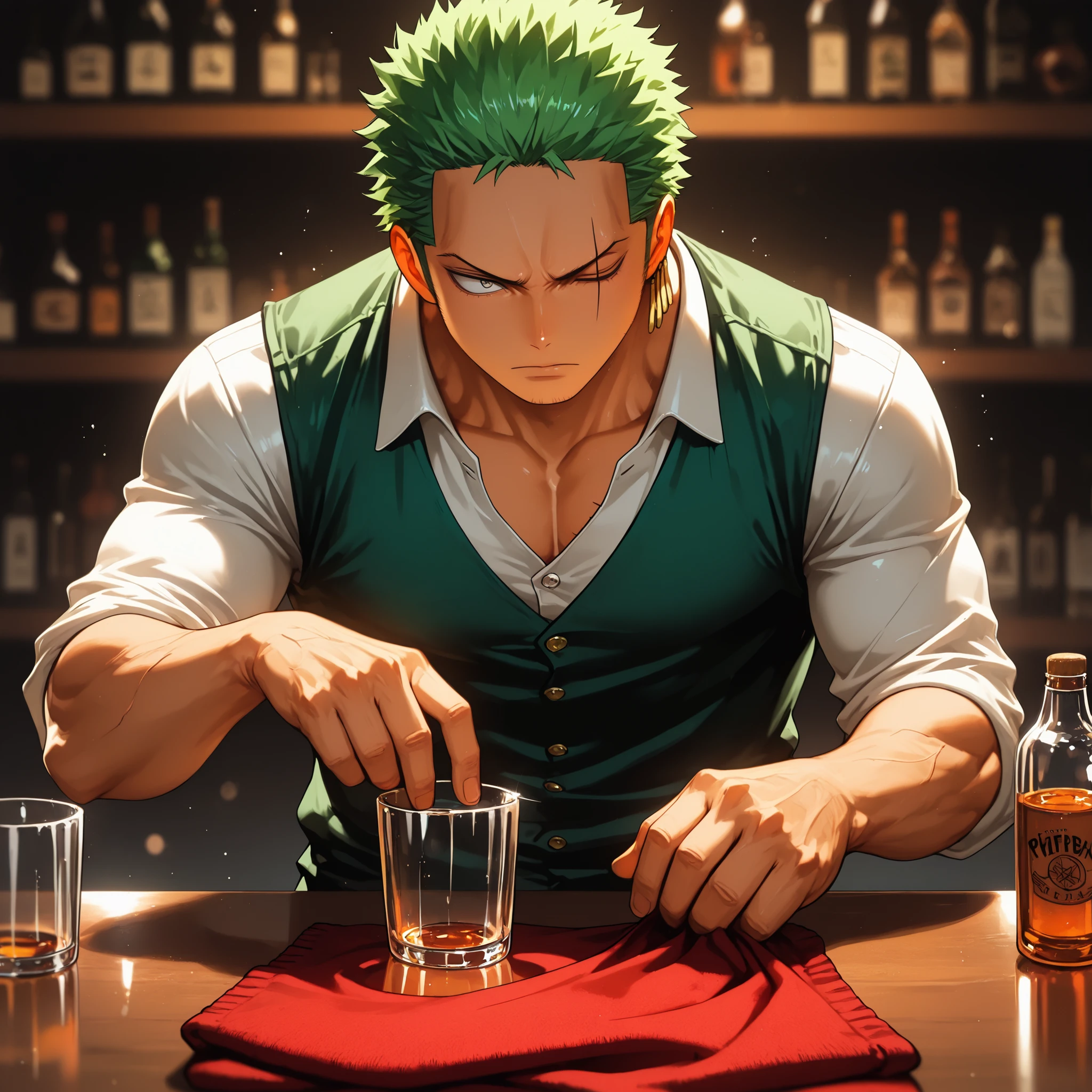 solo, {Roronoa Zoro, ((male)), lean build, mature:1.9, adult, muscular, my hero academia, short green hair, grey eyes, diagonal scar over his left eye, button up shirt unbutton at collar, dark green vest, black slacks, red rag hanging over shoulder, bottle of saki on bar top, cup of saki in hand, [BREAK] blurred background, inside bar, dark lighting, bartending, [BREAK] general, masterpiece, masterwork, best quality, amazing quality, highres, fit to frame, cinematic composition, eyeshd, high gradient eyes, detailed eyes, high definition eyes, perfect hands, perfect fingers,