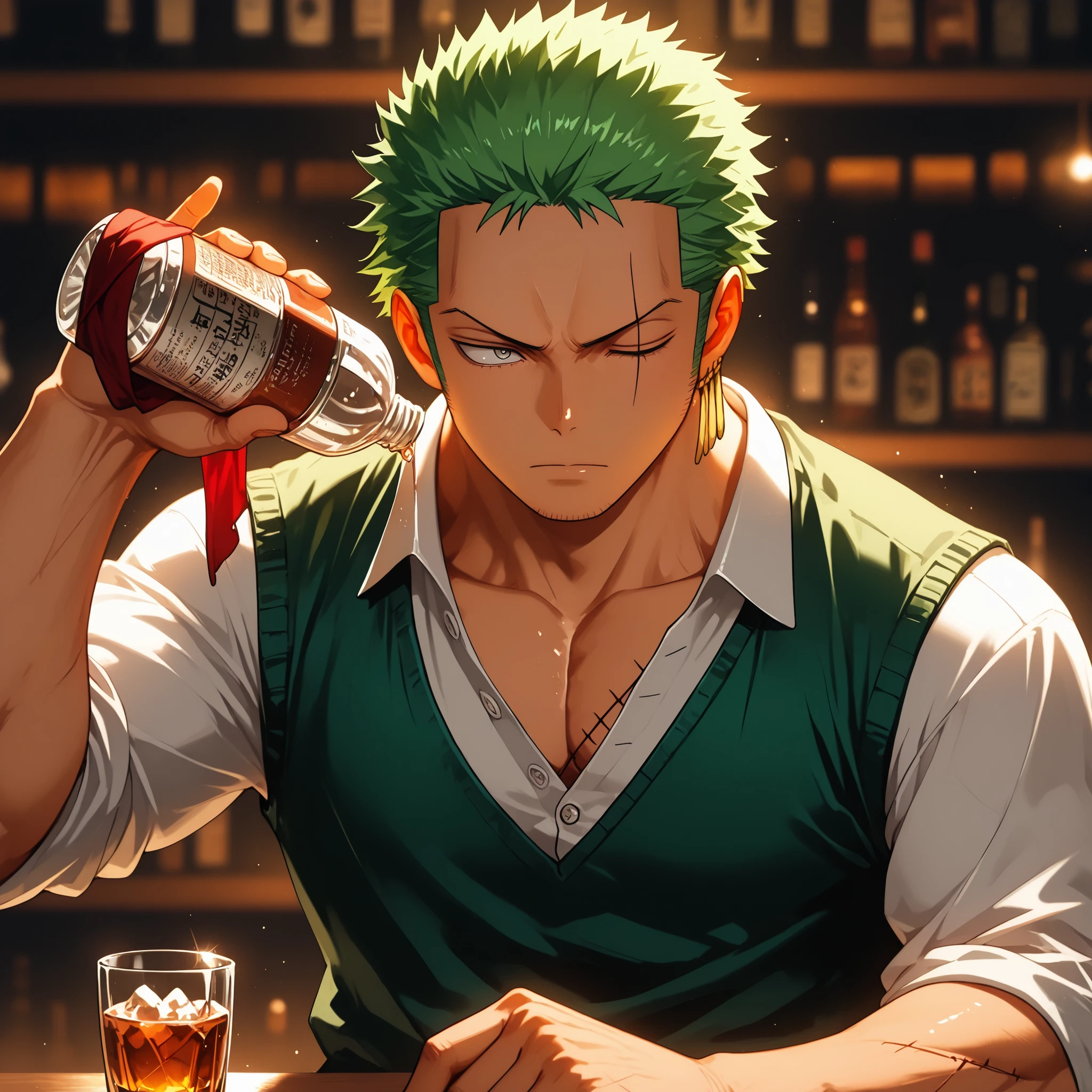 solo, {Roronoa Zoro, ((male)), lean build, mature:1.9, adult, muscular, my hero academia, short green hair, grey eyes, diagonal scar over his left eye, button up shirt unbutton at collar, dark green vest, black slacks, red rag hanging over shoulder, bottle of saki on bar top, cup of saki in hand, [BREAK] blurred background, inside bar, dark lighting, bartending, [BREAK] general, masterpiece, masterwork, best quality, amazing quality, highres, fit to frame, cinematic composition, eyeshd, high gradient eyes, detailed eyes, high definition eyes, perfect hands, perfect fingers,