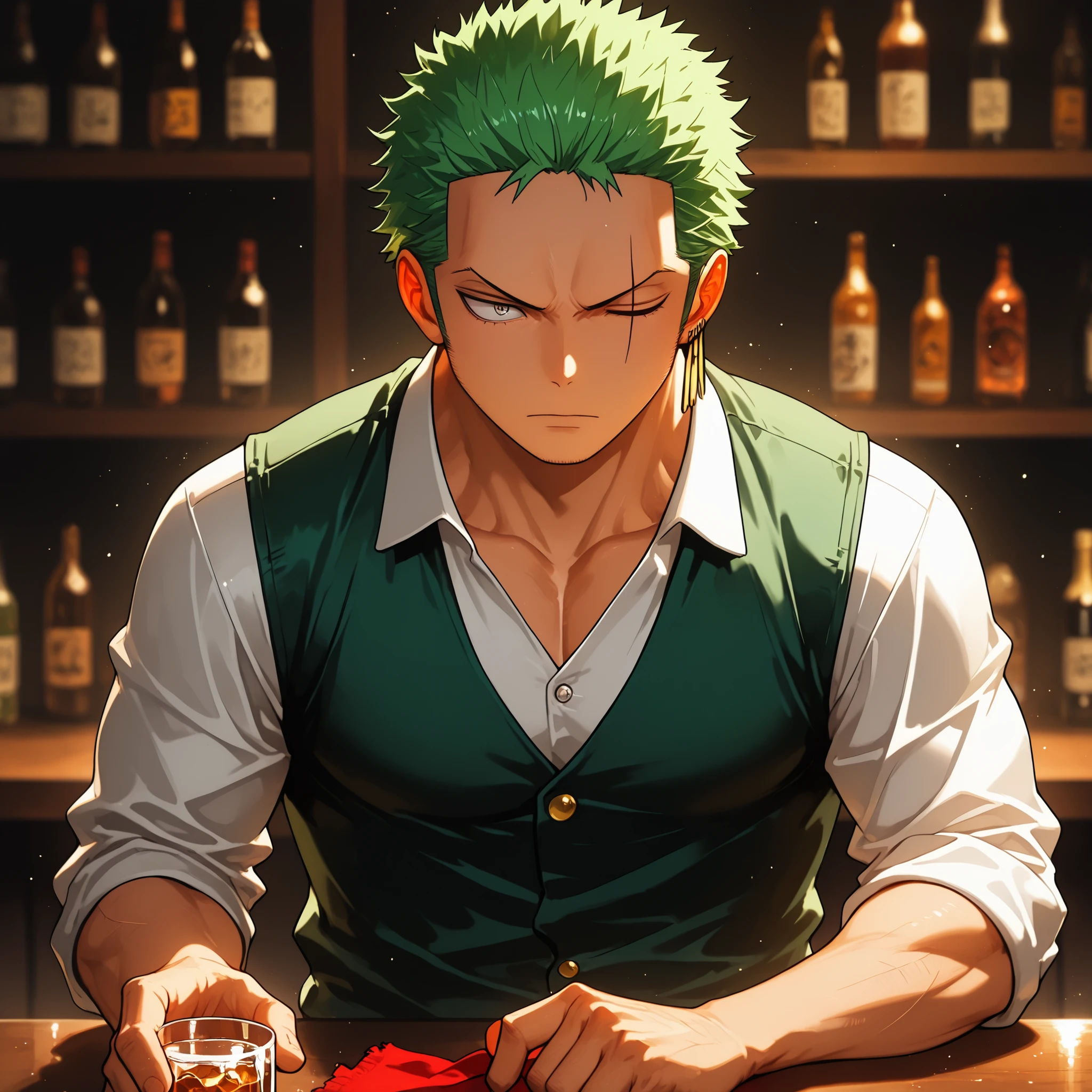solo, {Roronoa Zoro, ((male)), lean build, mature:1.9, adult, muscular, my hero academia, short green hair, grey eyes, diagonal scar over his left eye, button up shirt unbutton at collar, dark green vest, black slacks, red rag hanging over shoulder, bottle of saki on bar top, cup of saki in hand, [BREAK] blurred background, inside bar, dark lighting, bartending, [BREAK] general, masterpiece, masterwork, best quality, amazing quality, highres, fit to frame, cinematic composition, eyeshd, high gradient eyes, detailed eyes, high definition eyes, perfect hands, perfect fingers,