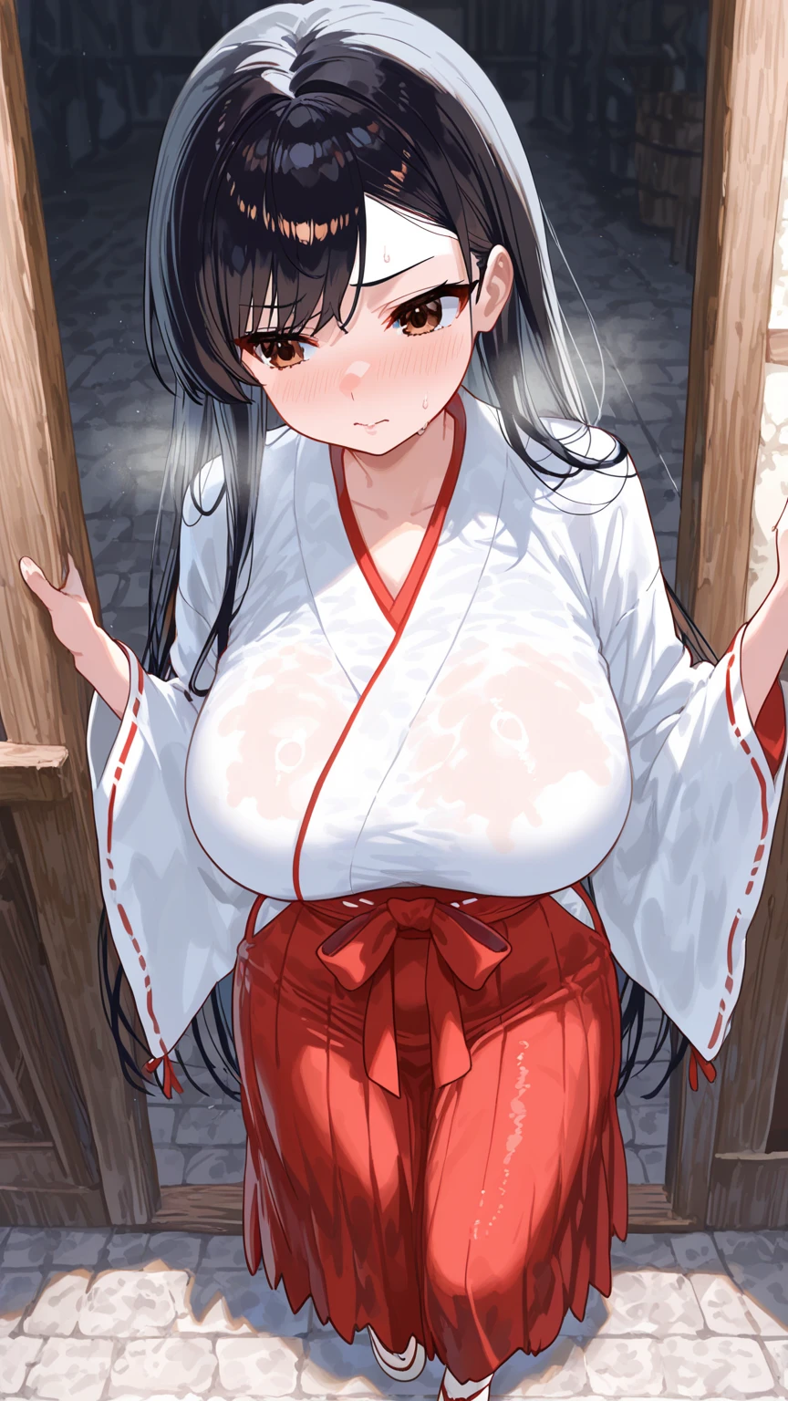 ultra detailed, hyper detailed, best quality, highres, 4K, ,17-year-old, looking at viewer, shrine maiden outfit , red skirt, puzzled , (wheatish skin), shy, Half an eye, blush, open mouth ,very long hair, wave hair, gradient hair, tall, Slender,((gigantic breasts)), puffy nipple