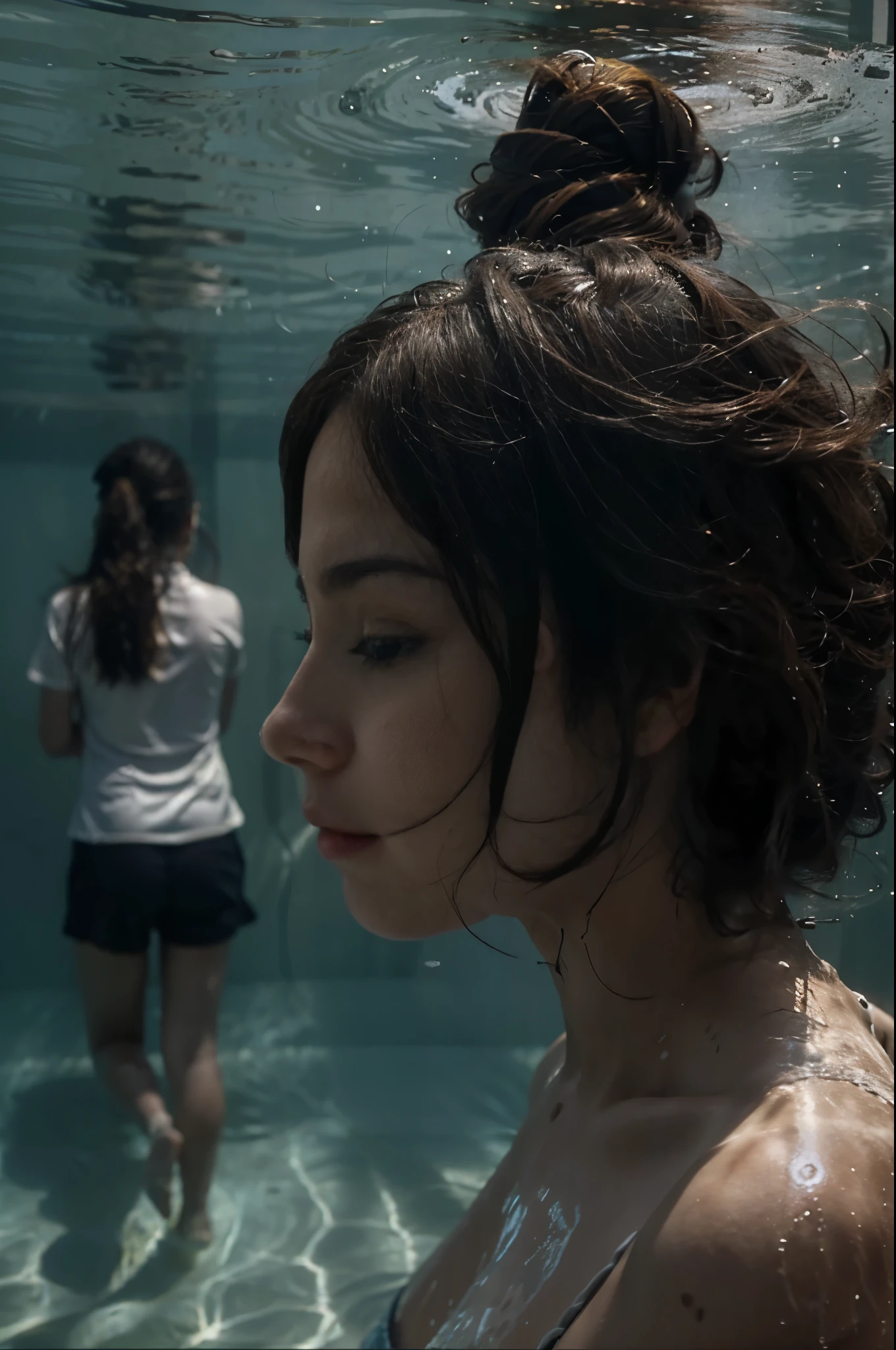 Girl drowning, head out of water, reaching out to a grey empty room on the other side, side view, cinematic, from afar
