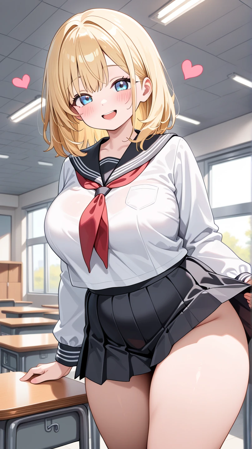 Realistic, Masterpiece, best Quality, perfect anatomy, (Detailed Eyes), One High School Girl, Navy blue school uniform, Huge breast, Sweat, ponytail, earrings,  pelvis curtain, (wide hips), shy smile, embarrassed, standing split, leg up,leg lift,standing on one leg, Short skirts, White panties, Exposed panties, Classroom