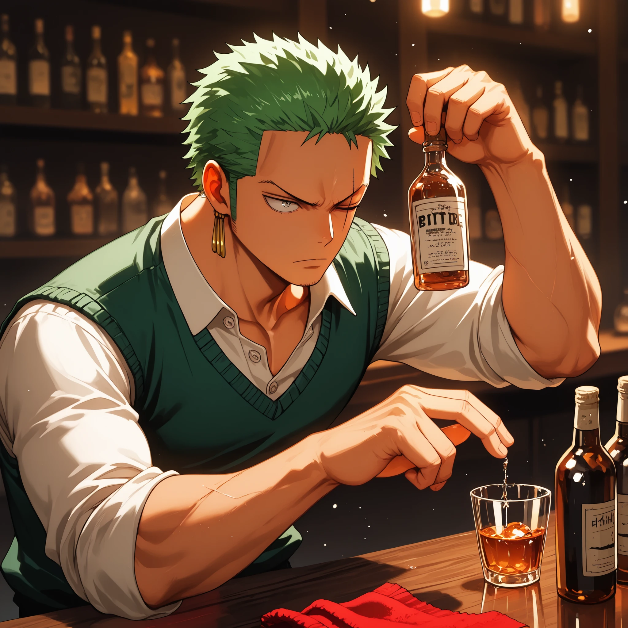 solo, {Roronoa Zoro, ((male)), lean build, mature:1.9, adult, muscular, my hero academia, short green hair, grey eyes, diagonal scar over his left eye, button up shirt unbutton at collar, dark green vest, black slacks, red rag hanging over shoulder, bottle of saki on bar top, cup of saki in hand, [BREAK] blurred background, inside bar, dark lighting, bartending, [BREAK] general, masterpiece, masterwork, best quality, amazing quality, highres, fit to frame, cinematic composition, eyeshd, high gradient eyes, detailed eyes, high definition eyes, perfect hands, perfect fingers,