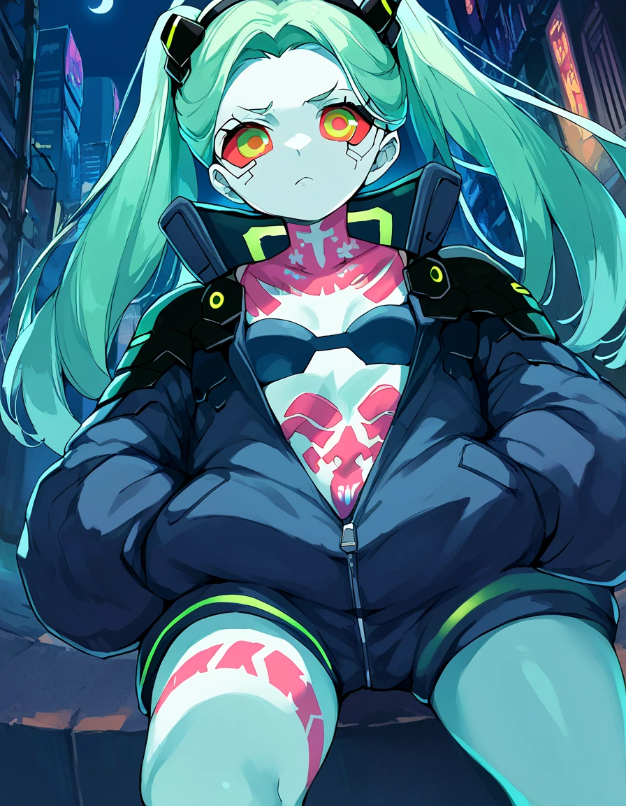 score_9, score_8_up, score_7_up, source_anime, Anthro, kemono style, 1girl,solo, accaeberpnxl, rebecca \(cyberpunk\), (she is an Anthro furry fox girl, fox ears, fox tail, snout):1.2, long hair, green eyes, green hair, white fur, red sclera, artificial eyes, Anthro cyborg, red pupils, small breasts, twintails, underwear, hairband, bra, black jacket, tattoo, black hairband, black bra, leg tattoo,zipped jacket, neck tattoo, outdoors,cyberpunk, street, night, moon, looking at viewer, open mouth smile