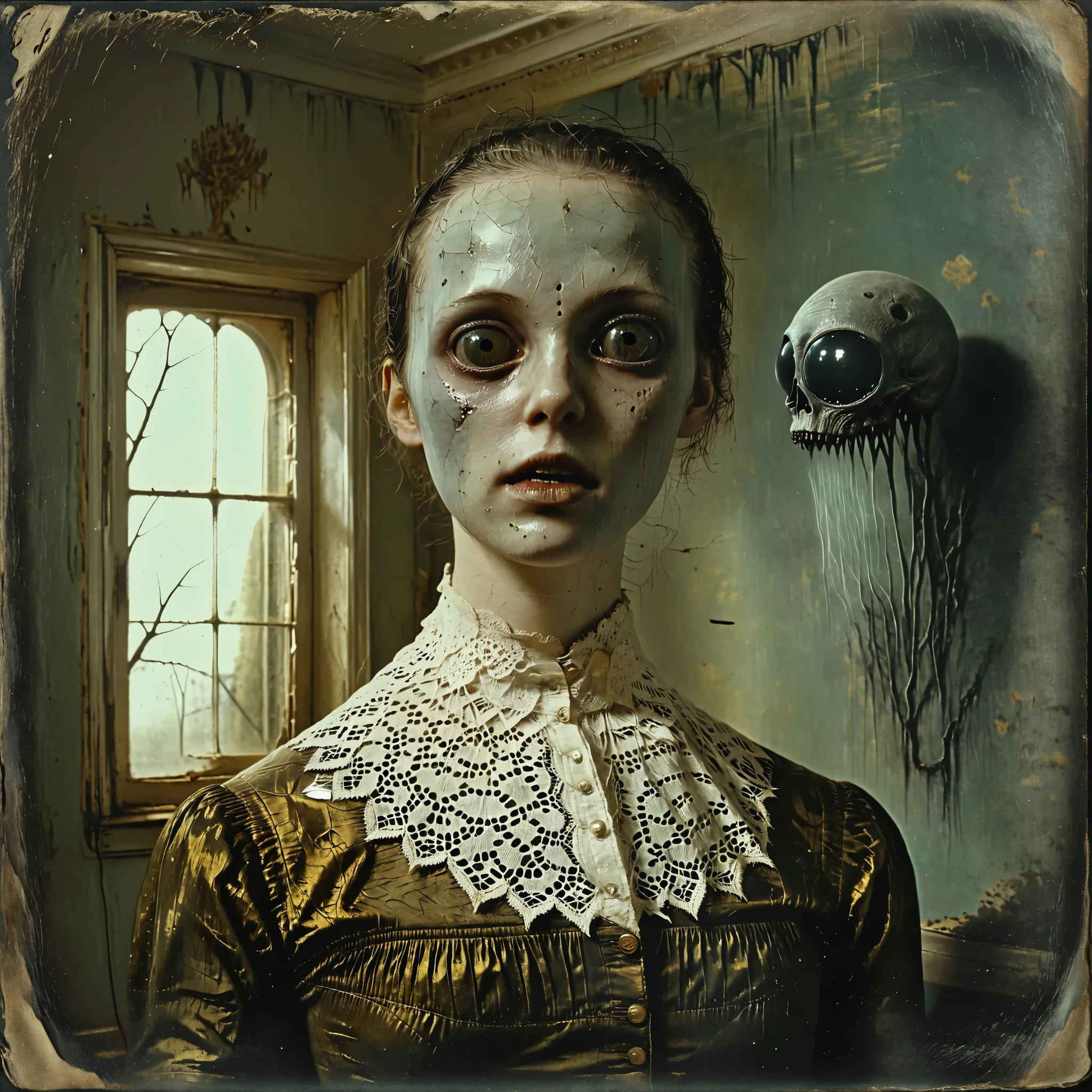 masterpiece, best quality, old photo texture, daguerreotype, tintype, sepia color, brown and yellowed, women sitting with a grey alien with a large head and huge black eyes, antique, vintage, aged paper, scratches, dust particles, faded edges, historical photograph, 19th century style, high detail, ultra complex, 8k, 3 women pose with a Grey alien with a large head. Very large black eyes, a slit for a mouth, very thin short body, 1800's photo, grotesque photo, scary photo, Alien tries to grab one of the women, haunted photograph, highly morbid, Alien makes woman levitate, melancholic, dark fantasy art, highly detailed, photorealistic, intricate, luxurious looking room, beautiful young women, attractive, terrifying photograph, creepy creepstyle, wired weirdcore, spooky, horrific, ghastly, gruesome, explicit, disturbing, disquieting, unnerving, freaky, odd, unusual, avant-garde, iconic character, icon style, iconic, sensual suggestions, hypersensual, spooky, mysterious objects levitating, floating objects, highres, physically-based rendering, professional movie quality images, Cinematography, Conceptual Art and technical development of digital art style, surreal elements, masterpiece 