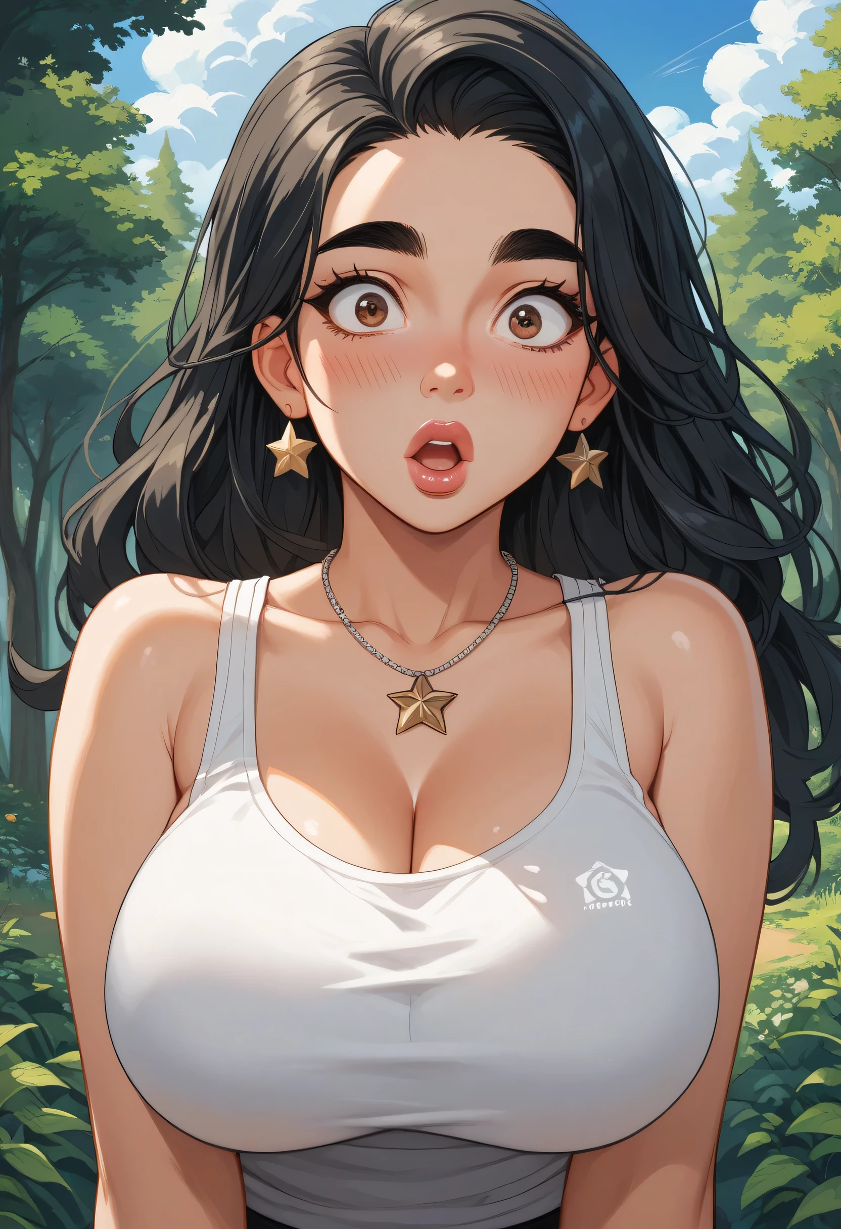 perfect face, face, long hair, black hair, (bandhead), (white bandhead), black eyebrows, thick eyebrows, brown eyes, big eyes, black eyeliners, blush, nose, thick lips, (surprised), big lips, beautiful woman, necklace star, huge breasts, tank top, white tank top, forest, cloud sky, (looking at viewer)