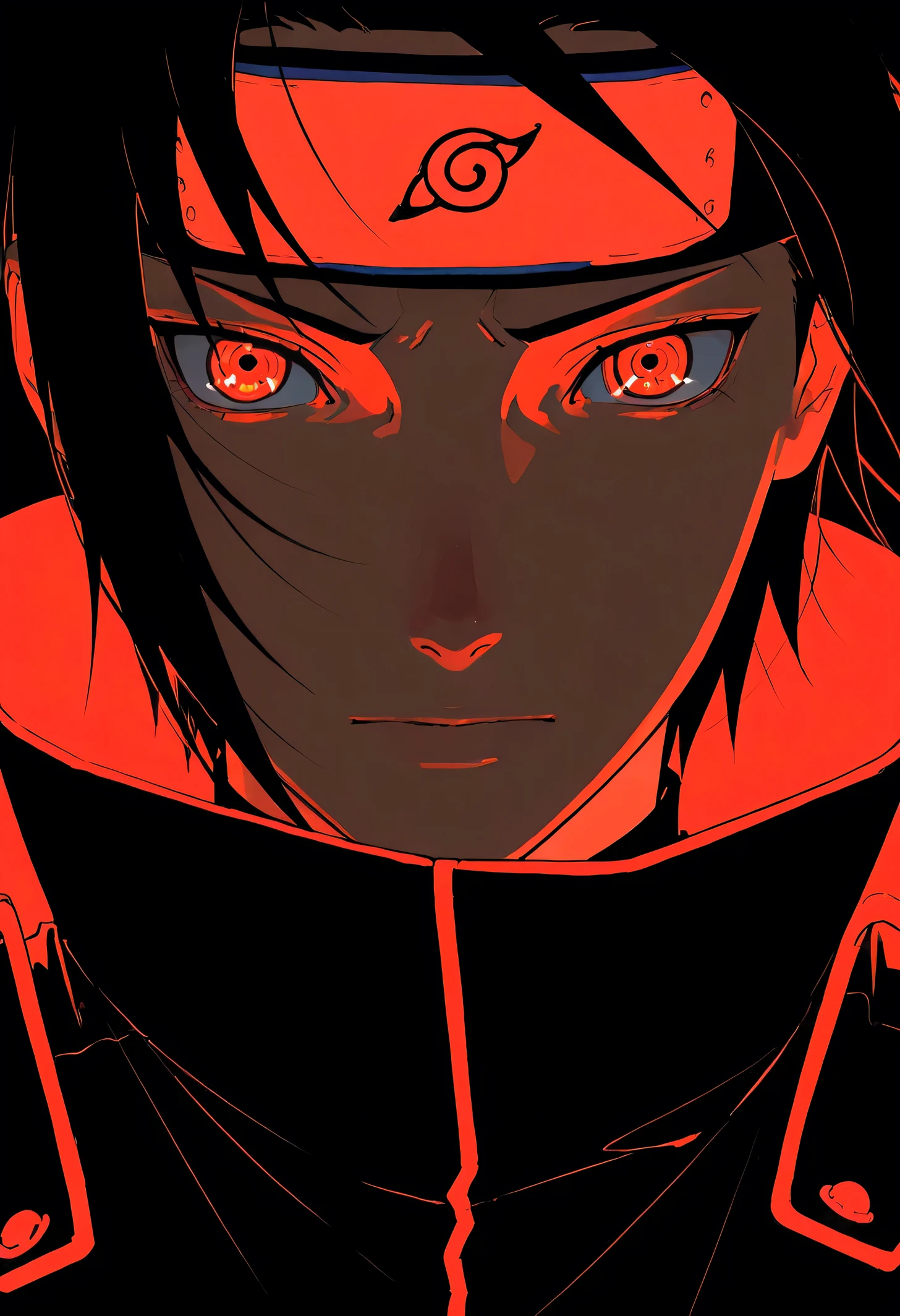 1 male background, Itachi Uchiha (naruto), black hair in military uniform, filter, masterpiece, facial focus, Red eye light, dark background, ninja costume