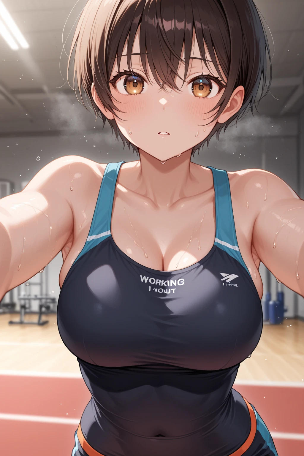(highest quality:1.2),(perfect beautiful face:1.2),(perfect and beautiful posture:1.2),(Solo,Japanese mature woman standing,((messy short cut hair:1.2), (confused:1.3,embarrassed), shyness:1.1),(Chubby:0.8), (Sweaty, sunburned skin:1.3), thick muscles), ((White sports bra with blue line),Sporty panties)lowrise, close-up of armpit, mouth open sloppily,Drooling,(at city:1.3,cowgirl position),Looking at viewer,puffy areolae,midriff baring,at gym garage