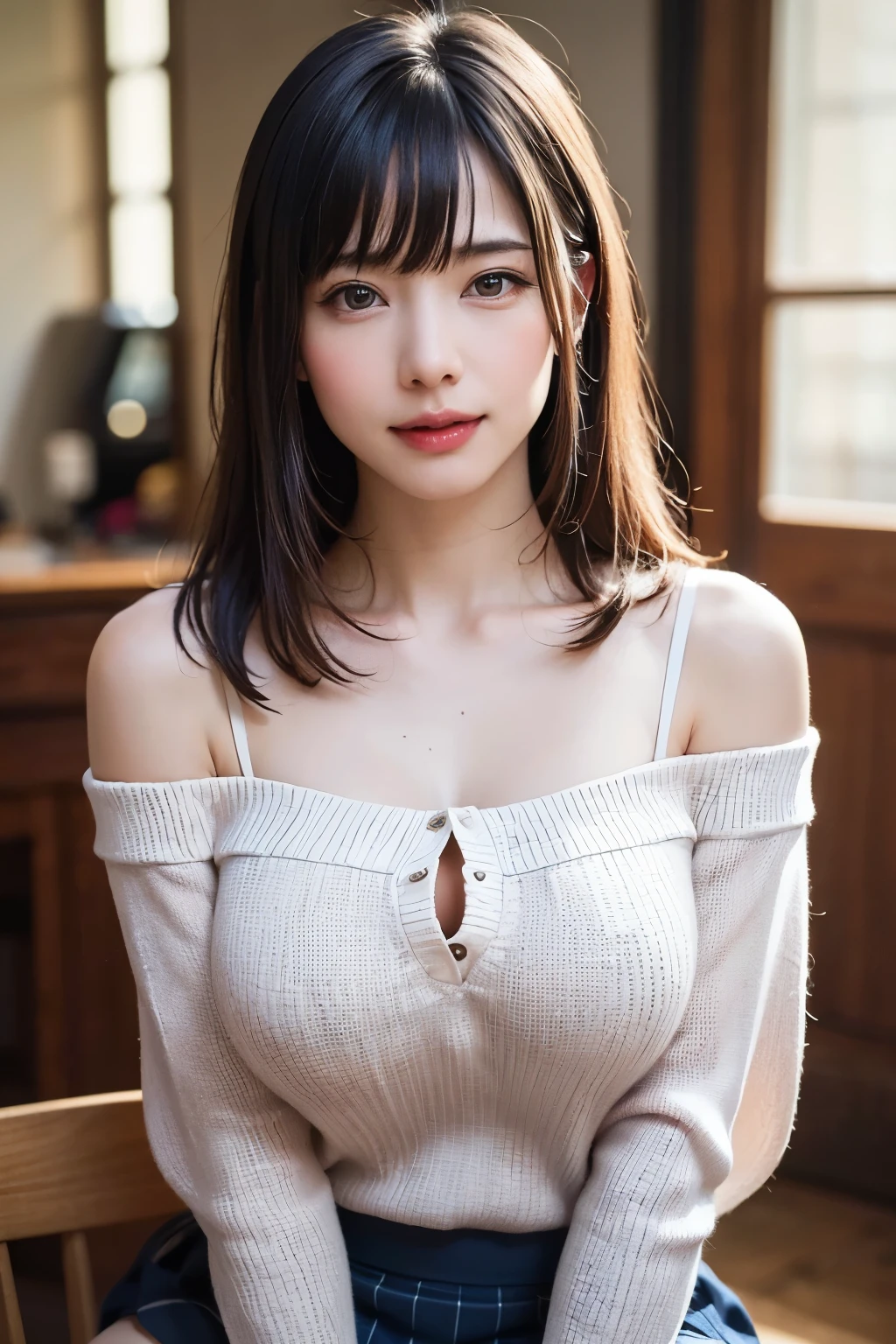 (table top:1.4、highest quality:1.4、best image quality:1.4、Beautiful adult woman with an attractive smile:1.4、beautiful teeth、lip gloss、brunette short bob hair、Shiny and lustrous hair、光沢のあるbangsを持っている:1.4、bangs:1.4、Lustrous short hair,,、long neck:1.4、show me your ears、tall supermodel、supermodel with broad shoulders、{Huge|big|Hugeな|mega} chest, Beautiful chest have cleavage)、(cute high school girl、off-shoulder white see-through shirt、Short plaid see-through pleated skirt、28 years old)、she is a very cute and attractive woman