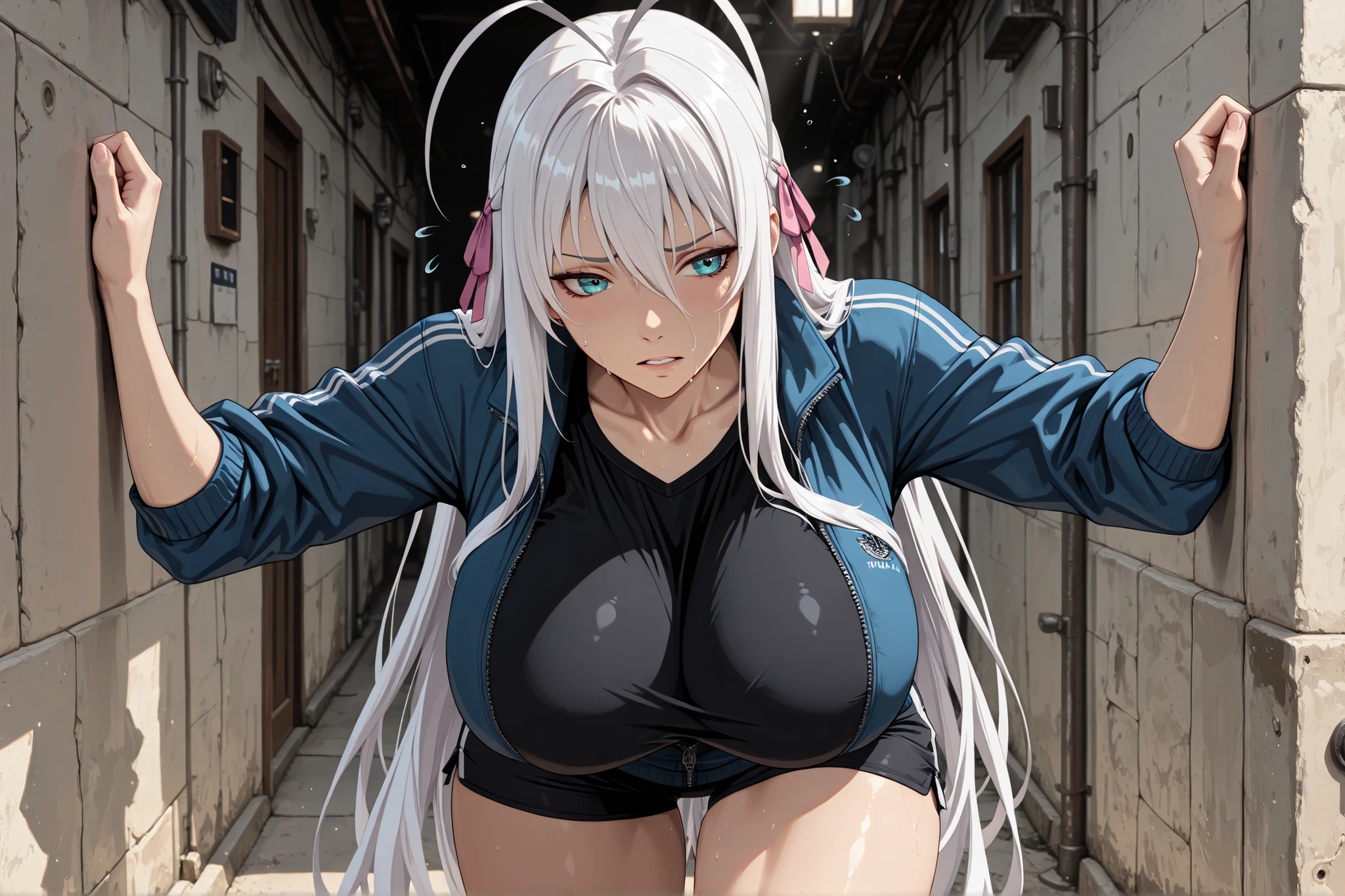 masterpiece,best quality,highres,illustration,hyper detailed,8k cg wallpaper,ray tracing,((white hair:1.2)),((red eyes:1.2)),((long hair:1.1)),((straight hair:1.3)),medium breasts,<lora:å¢å ç´°ç¯>,(hiten1:0.8),Naked Hoodie,((partially unzipped:1.2)),cleavage,<lora:naked_hoodie>,bottomless,pov,cowboy shot,black pantyhose,((leaning forward:1.2)),((hand in pocket:1.2)),((pov:1.2)),ponytail,