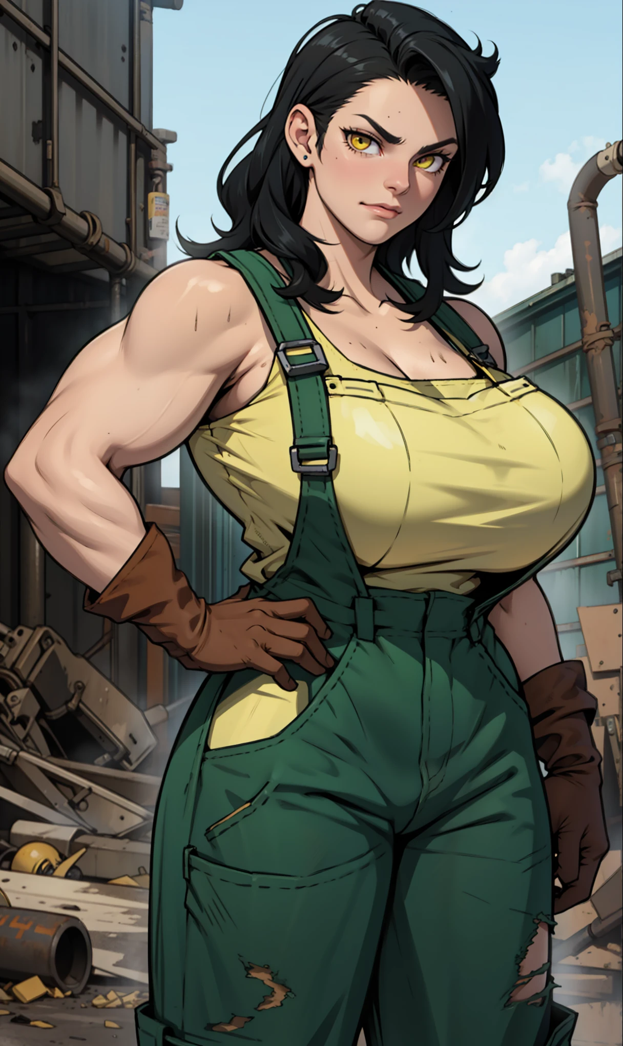 1 girl, Strong athletic, powerful thighs, Very big muscles, huge breasts, gray skin, Extra eyes, three eyes, sharp carnassial teeth, yellow eyes, abnormal, chitinous spots on the arms and shoulders, dark_leather apron, apron on naked body, steelworker, factory background ((Best quality))((naked))