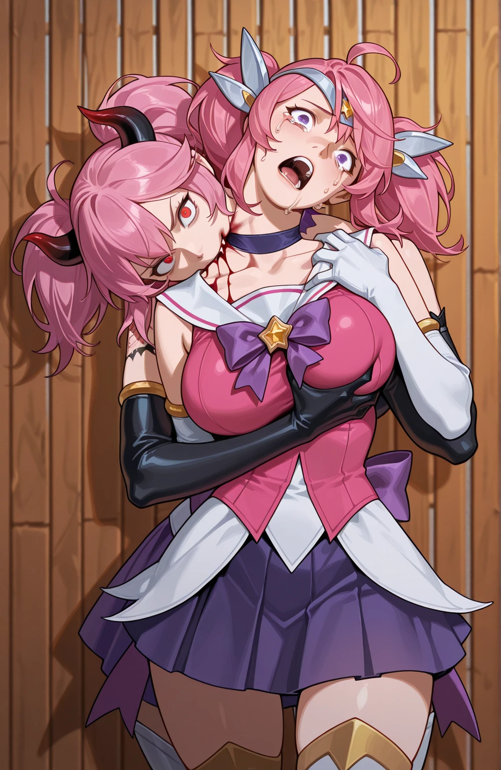 To Love-Ru、Purple off-the-shoulder mini skirt dress、Pink Hair、Big Breasts、White panties、Light purple loose socks、Provocative look、Raw thighs、Light blue eyes、Belt only on left thigh、Are standing
