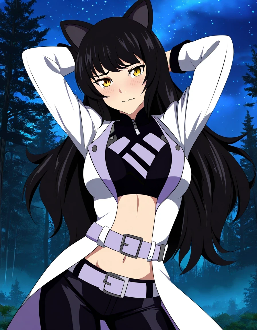 Blake Belladonna (RWBY All Volumes), black hair, long hair, cat ears, animal ears, yellow eyes, belt, midriff, medium breasts, thighs, BlakeVol4Huntress, white coat, black undershirt, midriff, black pants, high quality, solo, night sky, forever forest, arms behind head, ((contrapposto)), closed mouth, medium shot, looking at viewer, wavy mouth, nervous, best quality