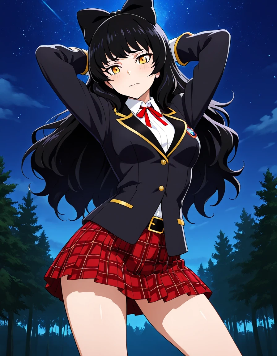 Blake Belladonna (RWBY All Volumes), black hair, long hair, ribbon, bow, ribbon, hair bow yellow eyes, belt, medium breasts, thighs, BlakeSchoolUniform, school uniform, black jacket, plaid skirt, high quality, solo, night sky, forever forest, arms behind head, ((contrapposto)), closed mouth, medium shot, looking at viewer, wavy mouth, nervous, best quality