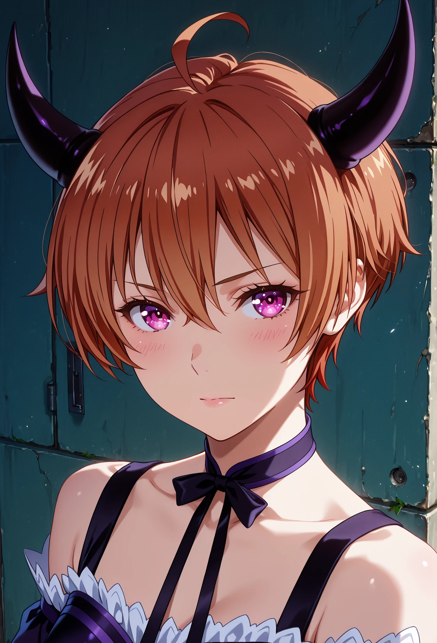 a one woman, wearing only a black bra, and a black thong and a collar, in a whorehouse full of purple lights, with brown hair and yellow eyes
