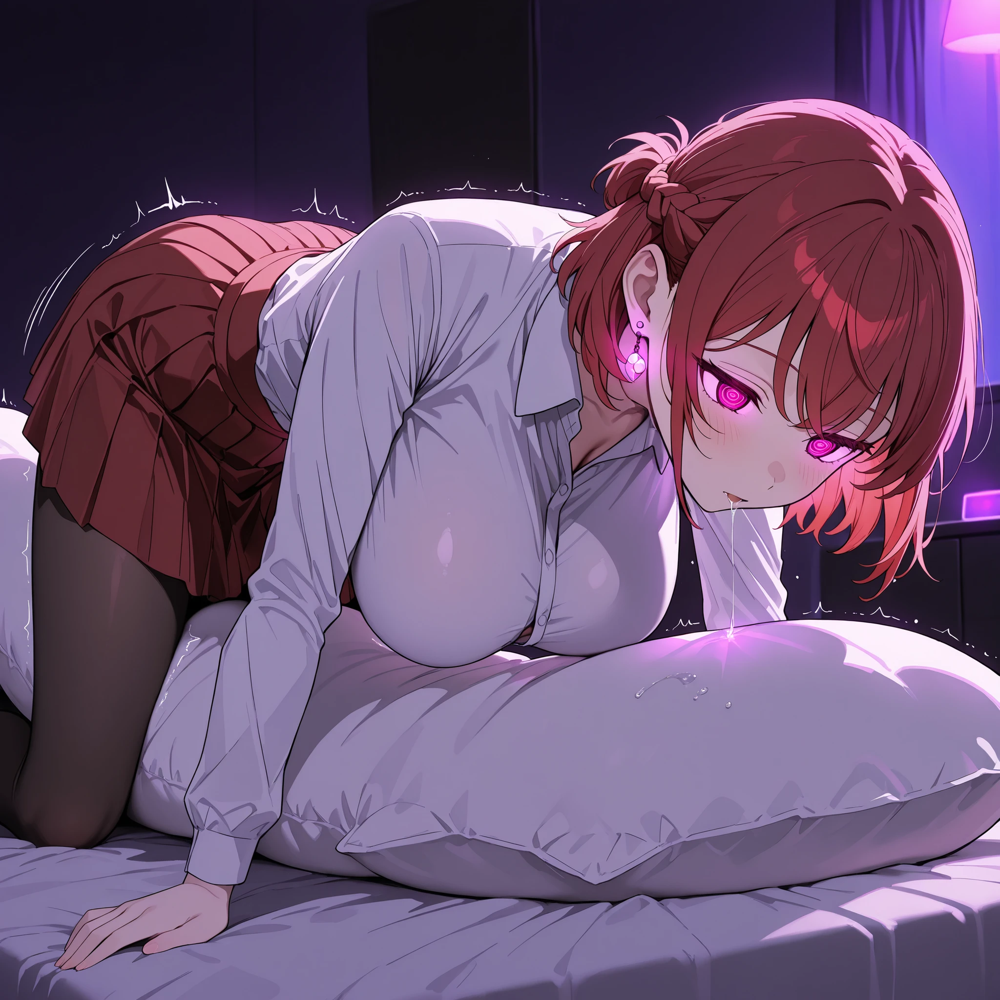 score_9, score_8_up, score_7_up, 1girl, sole female, only female, (top quality, 8k), high resolution, smooth, best quality, highly detailed, bedroom at night, in bed, purple light, (dark room), large breasts, glowing hypnotic waves in the background, at night, masterpiece, high quality, absurd resolution, blush, happy, glowing red eyes, spiral eyes, looking up, facing up, emotionless, sleepy, hanging breasts, masturbating, jewelry, earrings, Teieri_anri,red hair,braid,short hair, white blouse, office lady, red pleated skirt, high waist skirt, black pantyhose, very thin legs, long legs, saliva trail, drooling, saliva trail to the bed, pillow between legs, motion lines, body pillow, pillow humping, clothed masturbation, crotch rub, hands on bed, all fours, hanging breasts, motion lines by butt, trembling, cowboy shot, looking down, drooling