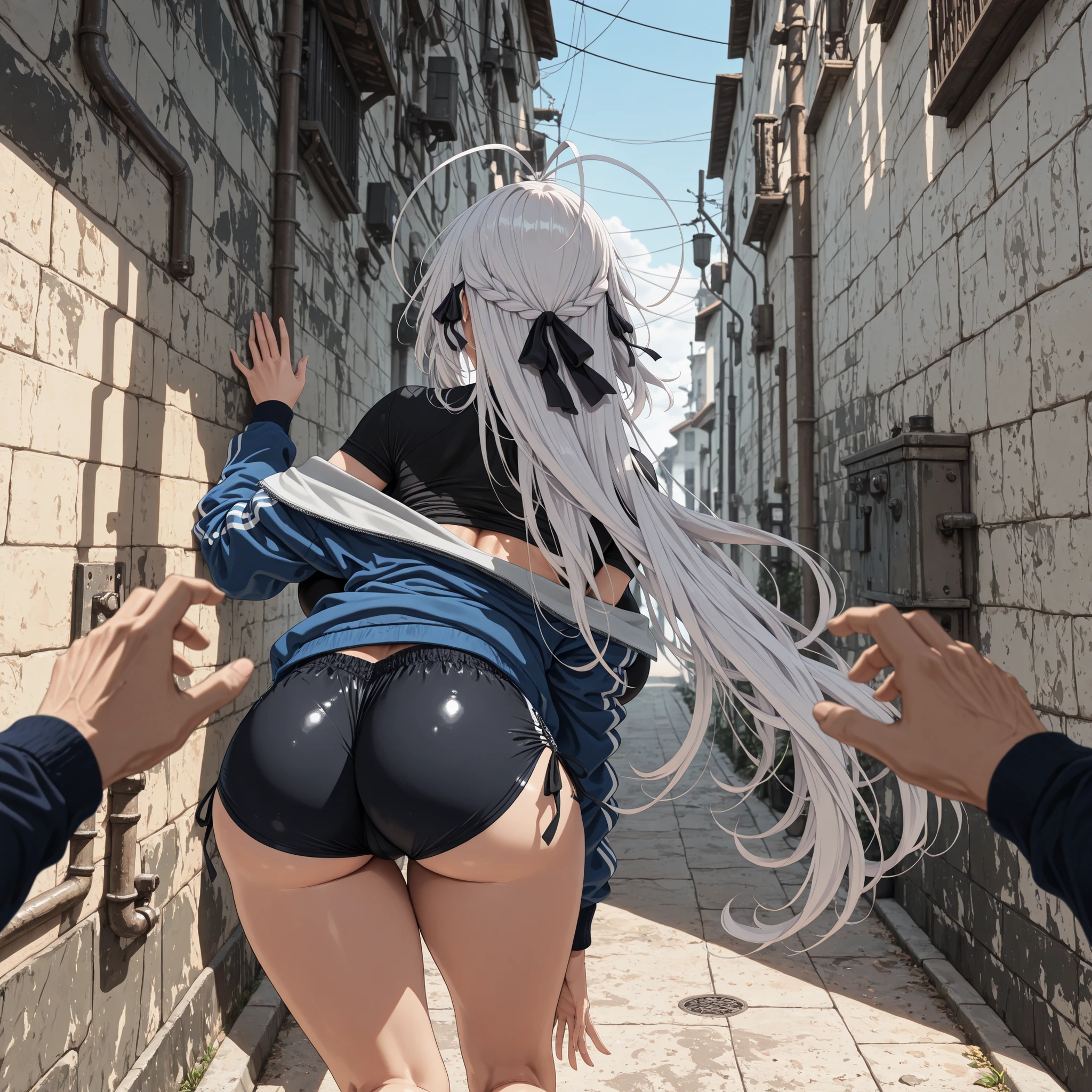  masterpiece, best quality , 

solo, dxdRos, white hair, antenna hair, very long hair, cyan eyes, hair ribbon, (Huge breasts,long breasts),

(masterpiece, best quality, ultra-detailed, anime illustration), 
POV from behind, focus on athletic anime girl's back and hips, walking slowly toward a wall while slightly crouched, leaning forward to stay hidden, 
blue sports jacket unzipped revealing black athletic t-shirt, navy sports bloomers hugging her hips, 
our hand reaching toward her lower back in frame, 
narrow alley background, cinematic lighting with strong shadows, warm sunlight highlighting her back and curves, 
perfect skin texture, depth of field, 8k, no face,


