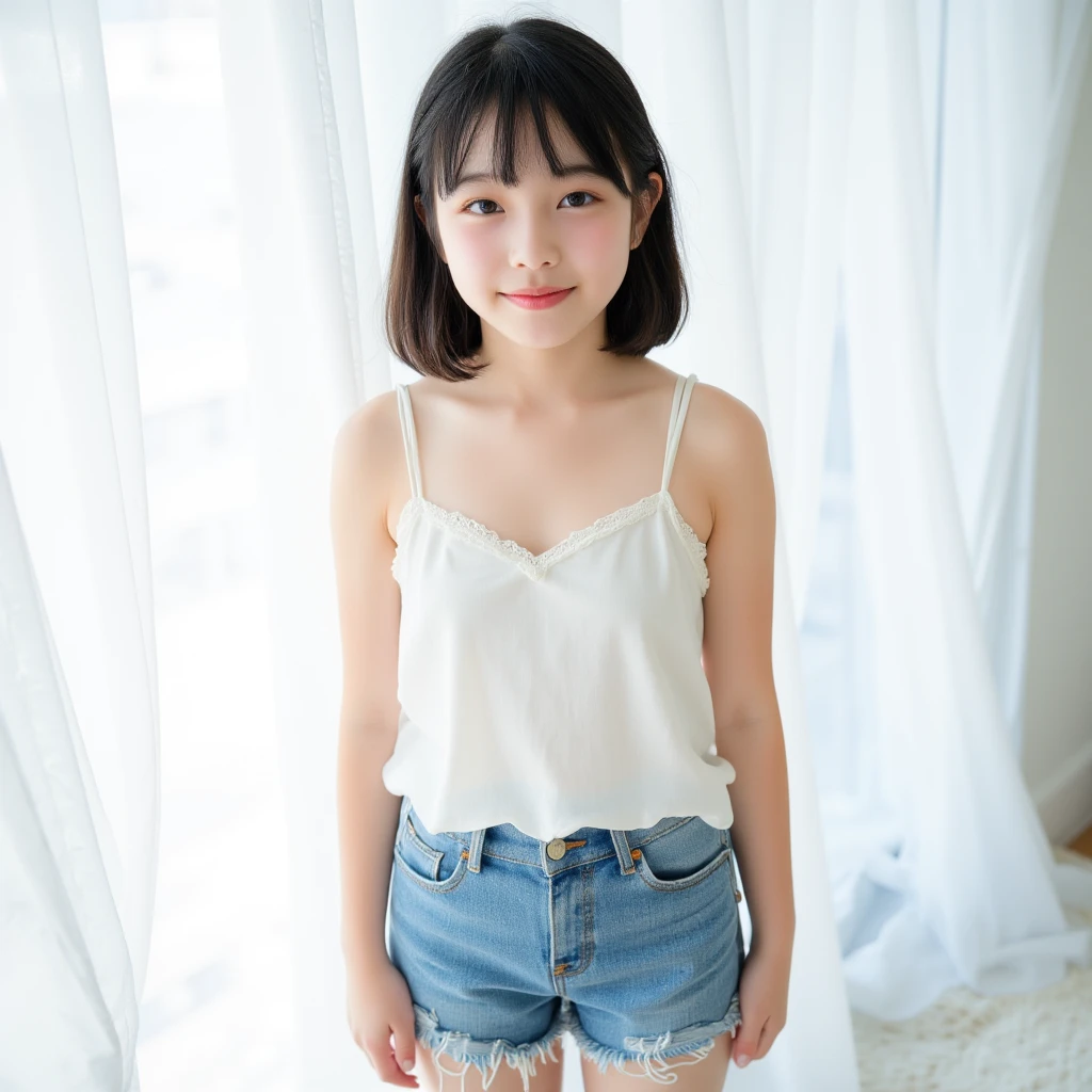 I can see the whole body，Sitting and opening your legs,mini skirt,My white pants are visible,Completely naked、not wearing clothes、（flat chest,small breasts,Infant-sized chest,flat）I can see your breasts,I can see your nipples,The lower body is naked,The labia majora are visible,I can see the clitoris,You can see the nipple masterpiece:1.2, highest quality, photorealistic stick), 1 girl, Not at all, pixie cut:1.2, 12 years old, ,, ((cowboy shot)),clean hands