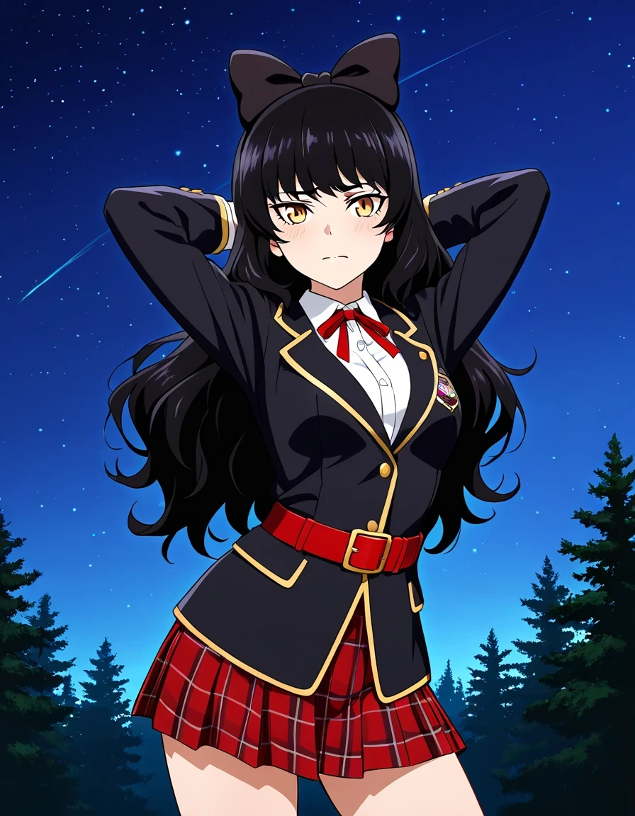 Blake Belladonna (RWBY All Volumes), black hair, long hair, ribbon, bow, ribbon, hair bow yellow eyes, belt, medium breasts, thighs, BlakeSchoolUniform, school uniform, black jacket, plaid skirt, high quality, solo, night sky, forever forest, arms behind head, ((contrapposto)), closed mouth, medium shot, looking at viewer, wavy mouth, nervous, best quality