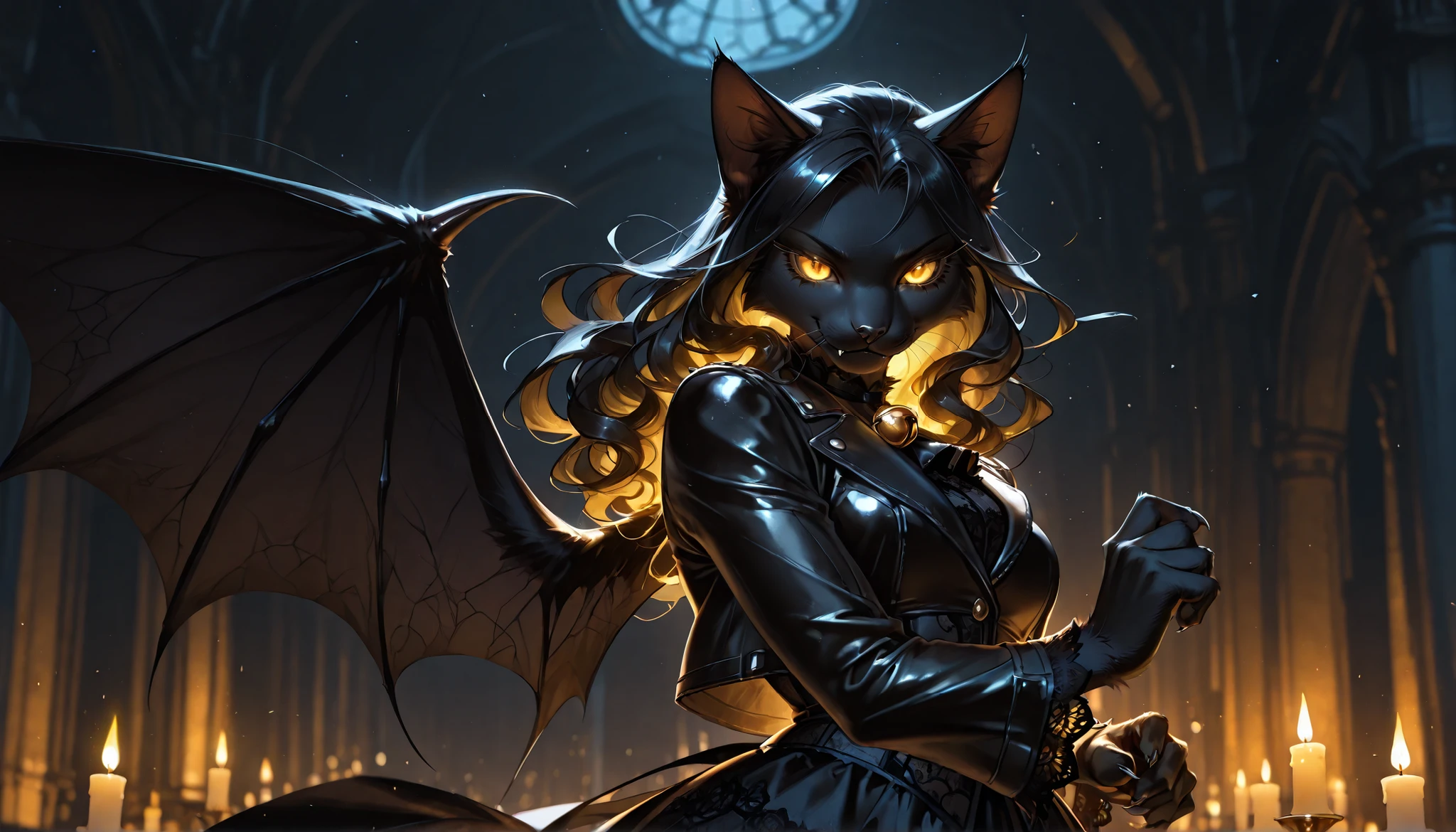 solo, close up, female, {((anthro black cat)), bat wings, ((mature:9)), long curly black hair, medium breast, toned, cat eyes, sleek black fur, ((golden glowing eyes)), fangs, dark shadows under eyes, gothic lace dress, black leather jacket, lace bell sleeves, clawed hands, [BREAK] blurred background, inside a dark room, candle light, standing outside of a cage, slight smirk, dynamic pose, [BREAK] general, masterpiece, masterwork, best quality, amazing quality, highres, fit to frame, cinematic composition, ultra-detailed fur, ultra-detailed lace, realistic wings, eyeshd, high gradient eyes, detailed eyes, high definition eyes, perfect hands