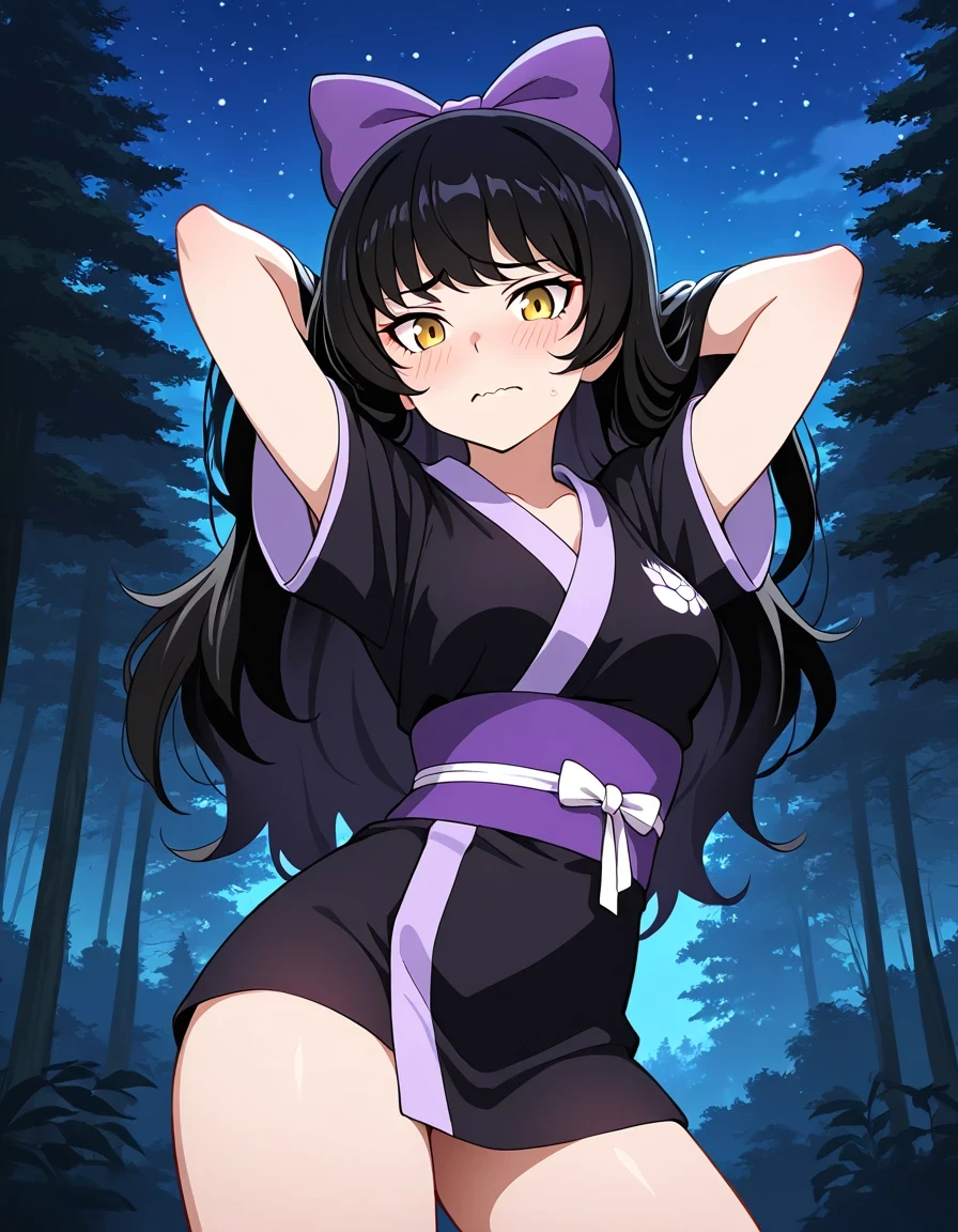 Blake Belladonna (RWBY All Volumes), black hair, long hair, ribbon, bow, ribbon, hair bow yellow eyes, belt, medium breasts, thighs, BlakePajamas, black kimono, short kimono, japanese clothes, hair bow, high quality, solo, night sky, forever forest, arms behind head, ((contrapposto)), closed mouth, cowboy shot, looking at viewer, wavy mouth, nervous, best quality