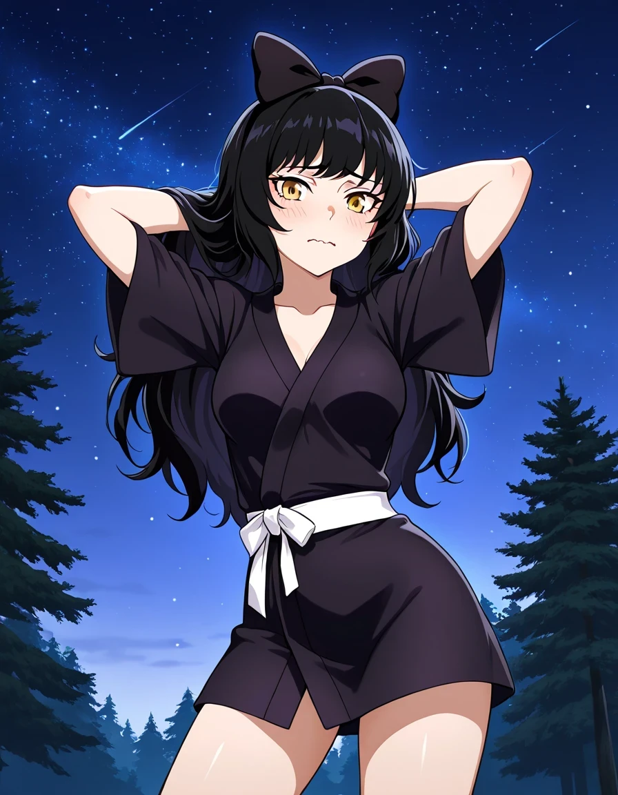Blake Belladonna (RWBY All Volumes), black hair, long hair, ribbon, bow, ribbon, hair bow yellow eyes, belt, medium breasts, thighs, BlakePajamas, black kimono, short kimono, japanese clothes, hair bow, high quality, solo, night sky, forever forest, arms behind head, ((contrapposto)), closed mouth, cowboy shot, looking at viewer, wavy mouth, nervous, best quality