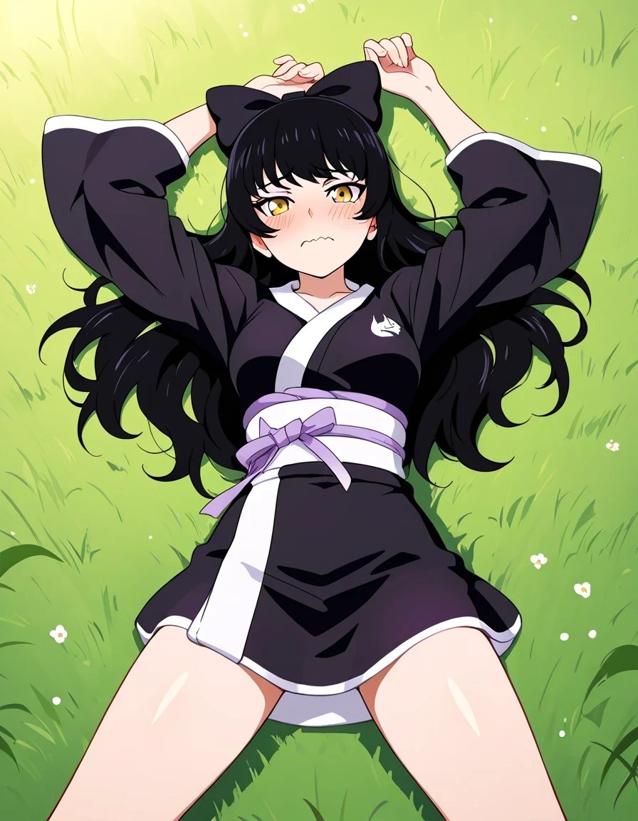 Blake Belladonna (RWBY All Volumes), black hair, long hair, ribbon, bow, ribbon, hair bow yellow eyes, belt, medium breasts, thighs, BlakePajamas, black kimono, short kimono, japanese clothes, hair bow, high quality, solo, lying, on grass, from above, arms up, legs apart, cowboy shot, closed mouth, looking at viewer, wavy mouth, shy, best quality