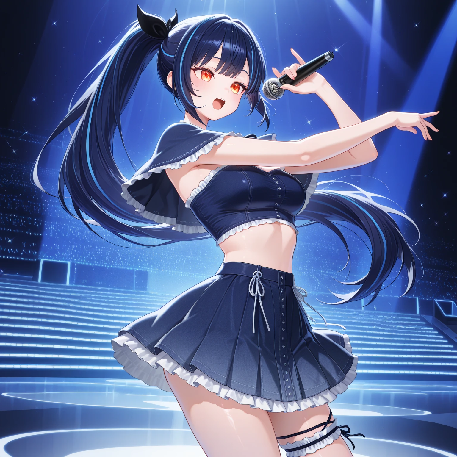 nsfw,(super fine illustration,8K CG wallpaper,best quality,extremely detailed,ultra high res,best aesthetic),(cowboy shot,from front),1girl ,idolmaster, {{{chihaya kisarahi}}}, (25yo,beautiful girl),(((beautiful black eyes))),(((beautiful deep blue hair))), ((((long straight hair)))),(wet skin),(scatter sweat),(steam),((flat chests,very small breasts)),((((slender and tall)))),((on stage)),(((blue idol dress))),(((see-through))),((spread legs)),(((straddling))),((spread :1.3)), (pubic brown hair:1.4), (open mouths), (stick out tongue),(feel good),(shyness),(((singing))),(one eye closed),(((hold the microphone with right hand))),(((sex,cowgirl))),cum short,have fun,spotlight,ecstacy,