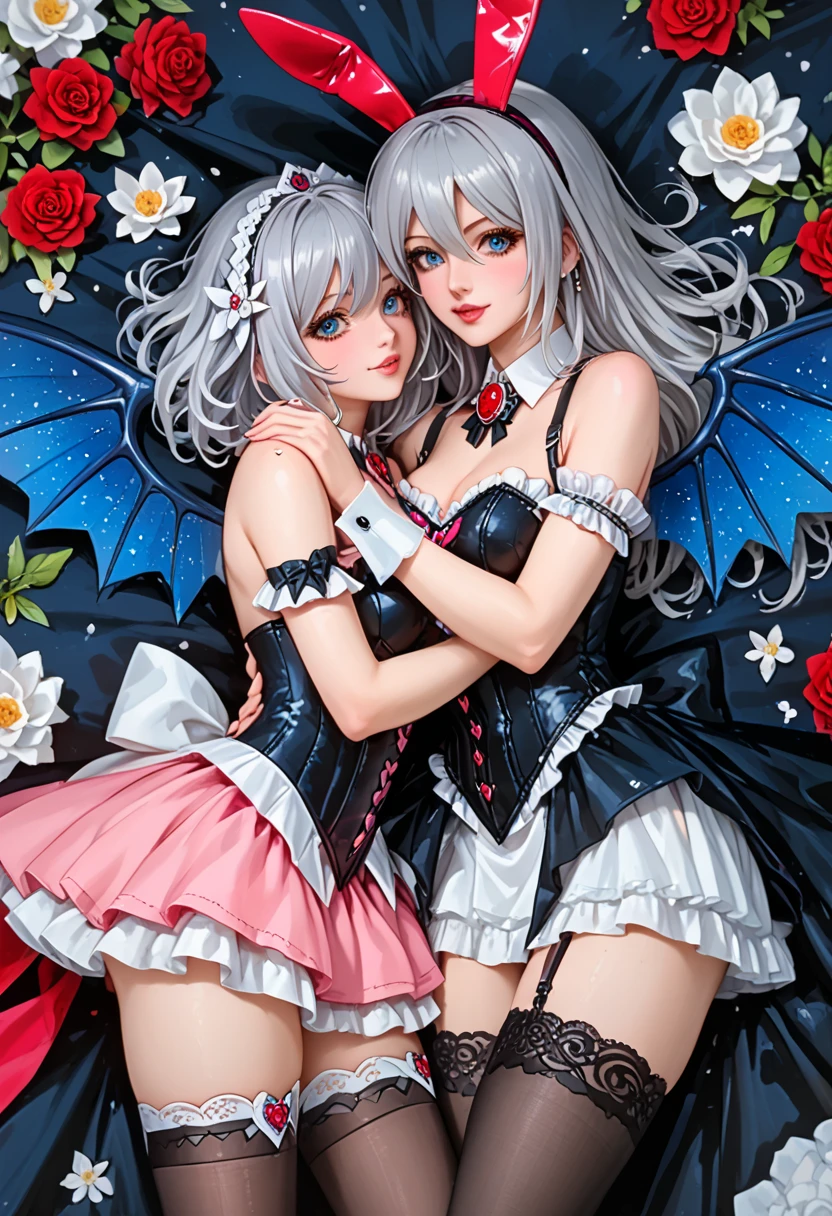 photorealistic, realistic, best quality, masterpiece, highres, 8k uhd, dslr, soft lighting, high quality, volumetric lighting, Photograph, high resolution, 4k, 8k, high angle perspective, face to face, breasts press, (full body view), (2girls), ((outdoor)), (forest), (sunny), (((detailed outfits features))) AND (2girls), (((with white angel wings))), <lora:virtualgirlAim_v20:0.7> maiden, petite figure, slender, big breasts, bangs, long hair, platinum white blonde, blue eyes, (pale skin), shinny skin, skin tight, ((happy)), ((smile)), angel hair ornament, white embroidered mesh gloves, white embroidered lace mesh bustier, white embroidered mesh garter, white embroidered mesh hose stocking, white choker AND (2girls), (((with black bat wings))), <lora:virtualgirlRin_v20:0.5> maiden, petite figure, slender, medium breasts, bangs, short hair, bob hair, auburn hair, brown eyes, lentigo, (pale skin), shinny skin, skin tight, ((happy)), ((grimace)), devil hair ornament, black embroidered mesh gloves, black embroidered lace mesh bustier, black embroidered mesh garter, black embroidered mesh hose stocking, black choker