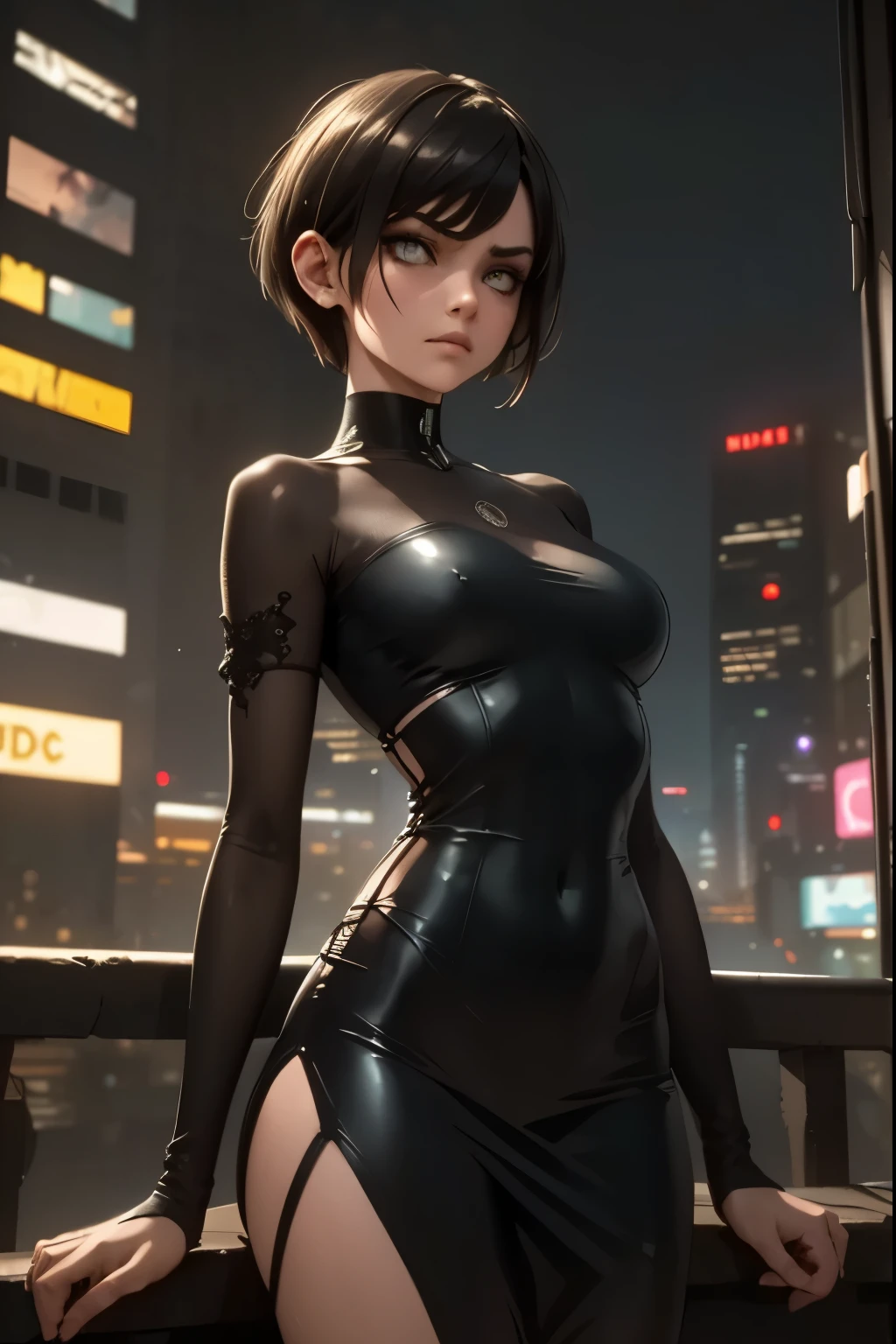 model with asymmetrical pixie cut, futuristic liquid metal dress, night city skyline,detailed portrait,intricate facial features,pensive expression,dramatic pose,high fashion,5K,8K,masterpiece,photorealistic,ultra-detailed,HDR,cinematic lighting,neon-lit cityscape,cyberpunk atmosphere,dramatic cityscape,moody colors,striking contrast