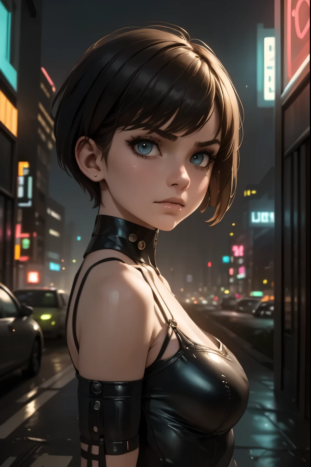 model with asymmetrical pixie cut, futuristic liquid metal dress, night city skyline,detailed portrait,intricate facial features,pensive expression,dramatic pose,high fashion,5K,8K,masterpiece,photorealistic,ultra-detailed,HDR,cinematic lighting,neon-lit cityscape,cyberpunk atmosphere,dramatic cityscape,moody colors,striking contrast