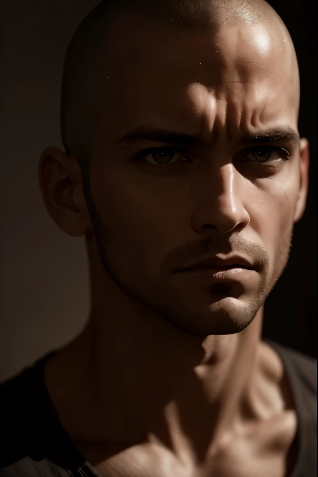 black and white portrait of a man with shaved head, intense expression, detailed skin texture, high resolution, professional, studio lighting, hyperrealistic, cinematic lighting, dramatic shadows, chiaroscuro, moody atmosphere, chiaroscuro, dramatic lighting, sharp focus, ultra-detailed, 8k, photorealistic