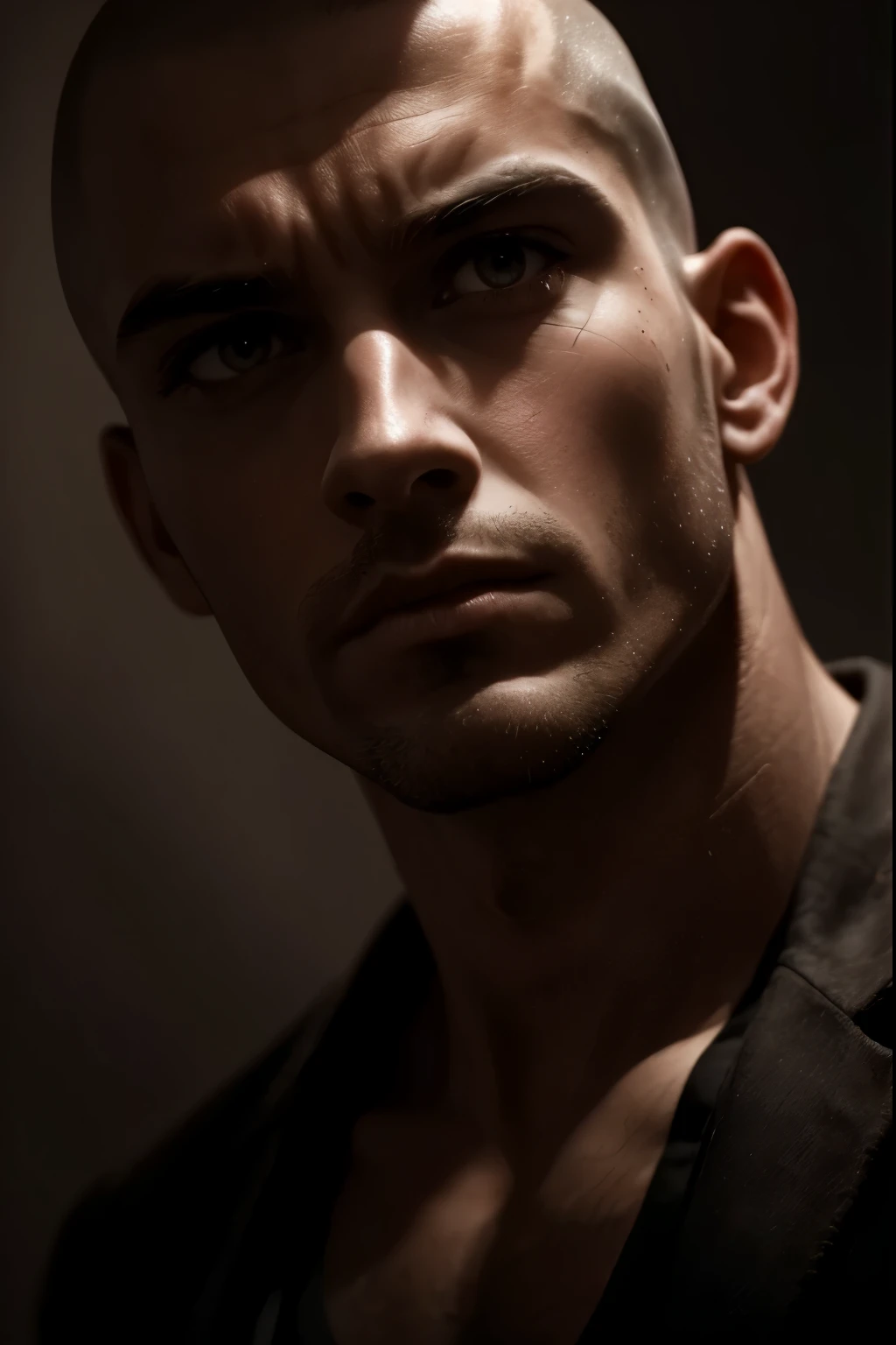 black and white portrait of a man with shaved head, intense expression, detailed skin texture, high resolution, professional, studio lighting, hyperrealistic, cinematic lighting, dramatic shadows, chiaroscuro, moody atmosphere, chiaroscuro, dramatic lighting, sharp focus, ultra-detailed, 8k, photorealistic