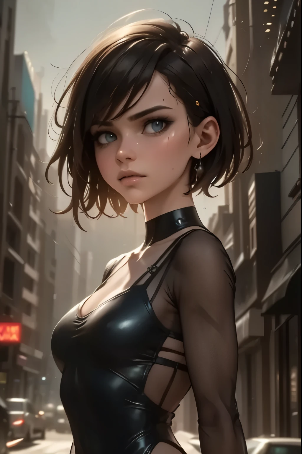 model with asymmetrical pixie cut, futuristic liquid metal dress, night city skyline,detailed portrait,intricate facial features,pensive expression,dramatic pose,high fashion,5K,8K,masterpiece,photorealistic,ultra-detailed,HDR,cinematic lighting,neon-lit cityscape,cyberpunk atmosphere,dramatic cityscape,moody colors,striking contrast