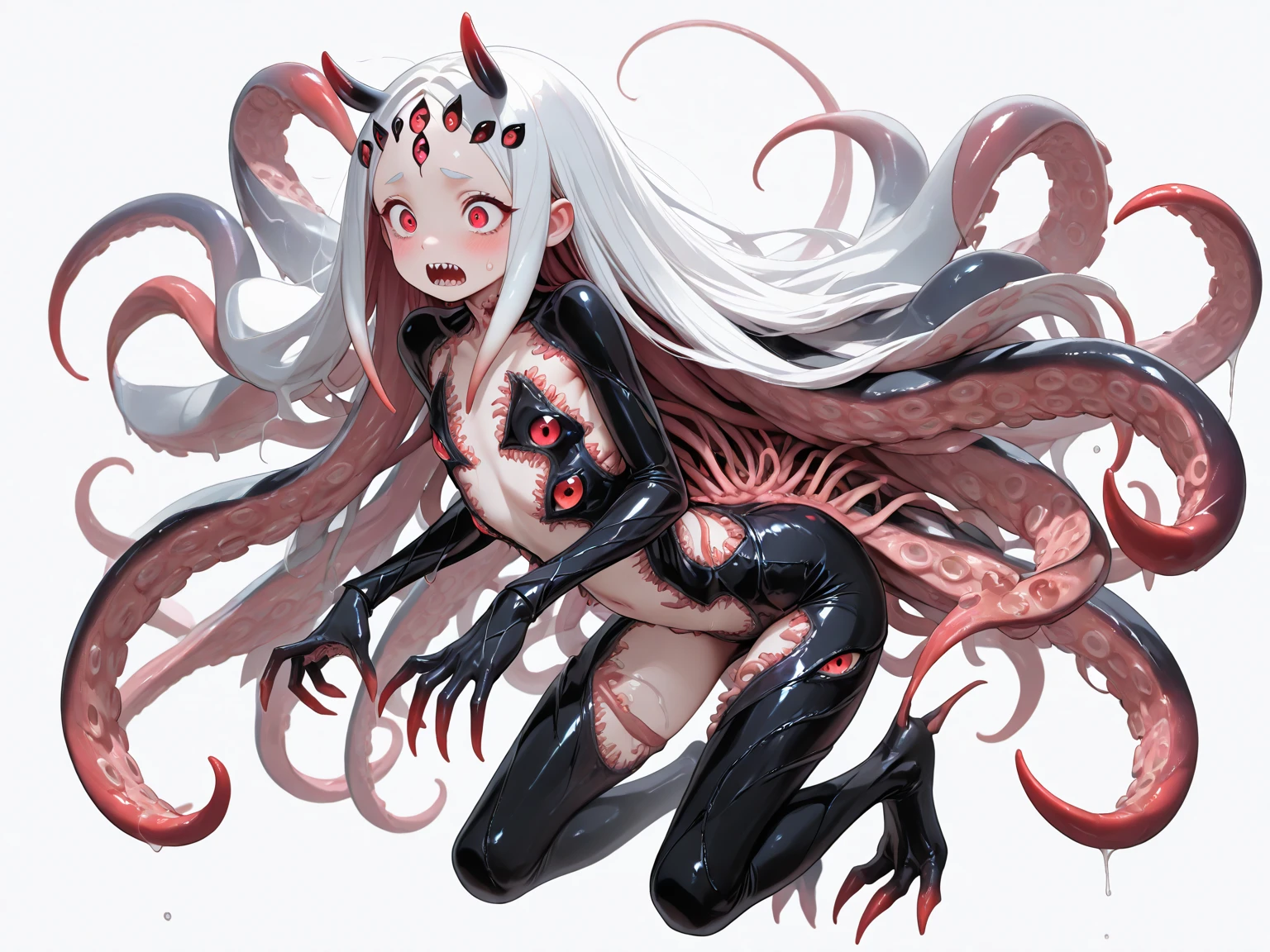 masterpiece, best quality, pubic tattoo on underbelly, girl, bishoujo, loli, magical_girl, loli, long hair, white hair, tentacle hair, blood on face, light blush, purple eyes, medium breasts, crop top, bare_legs, torn pantyhose, black pantyhose, latex legwear, black legwear, demon horns, shirt lift, leg_lift, tentacle, footjob, grinding, pussy_juice, femdom, girl_on_top, vore, blood, show foot, ass_visible_through_thighs, Tentacle entanglement,Evil Magical Girl,Purple battle suit,