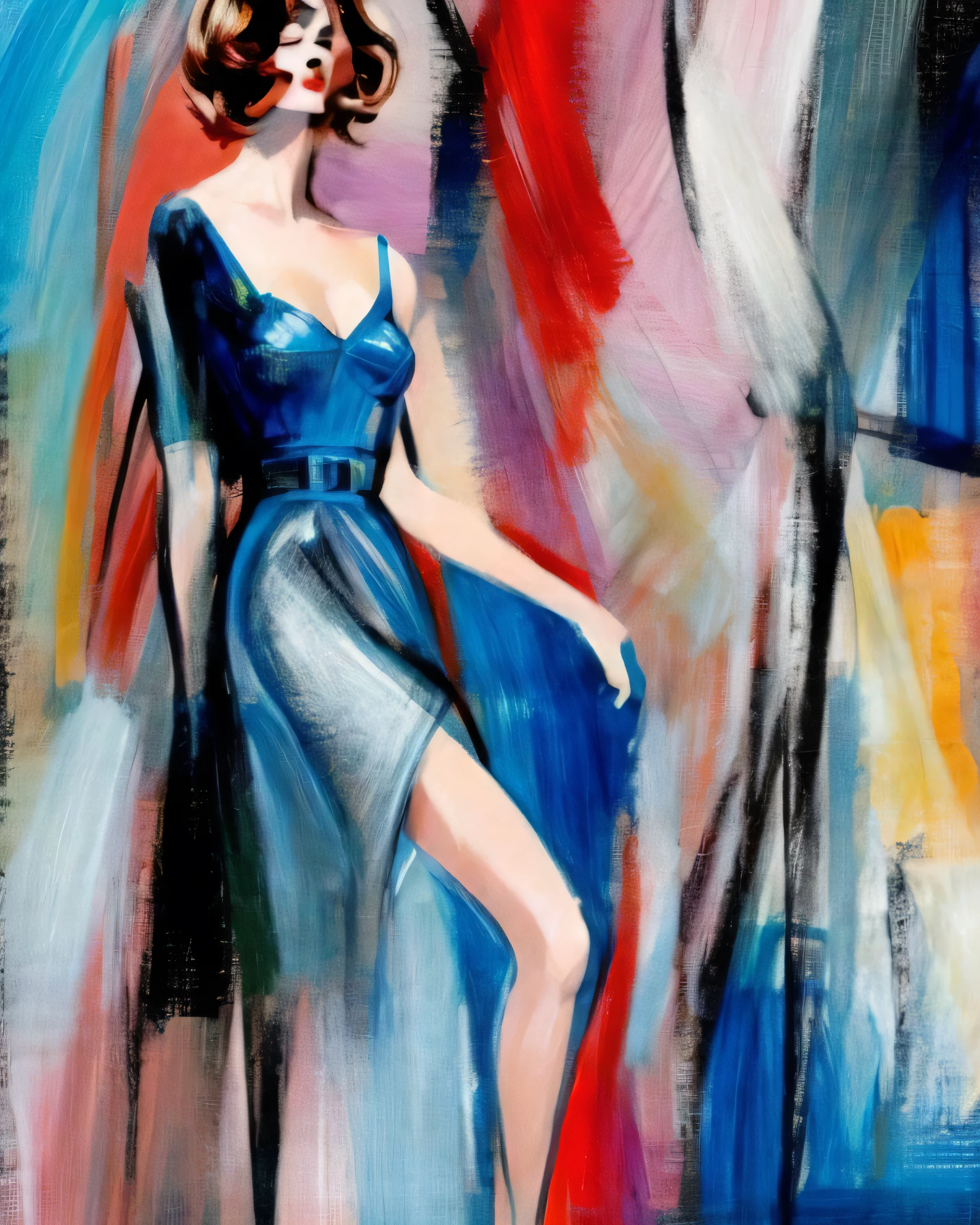 stylized 1960s art, beautiful brunette in form-fitting dress, McGinnis-inspired long legs, sophisticated pose, abstract color fields, gestural brush strokes, elegant line work, dramatic simplified shadows, vintage illustration style, fashion art aesthetic, minimalist composition, professional art photography